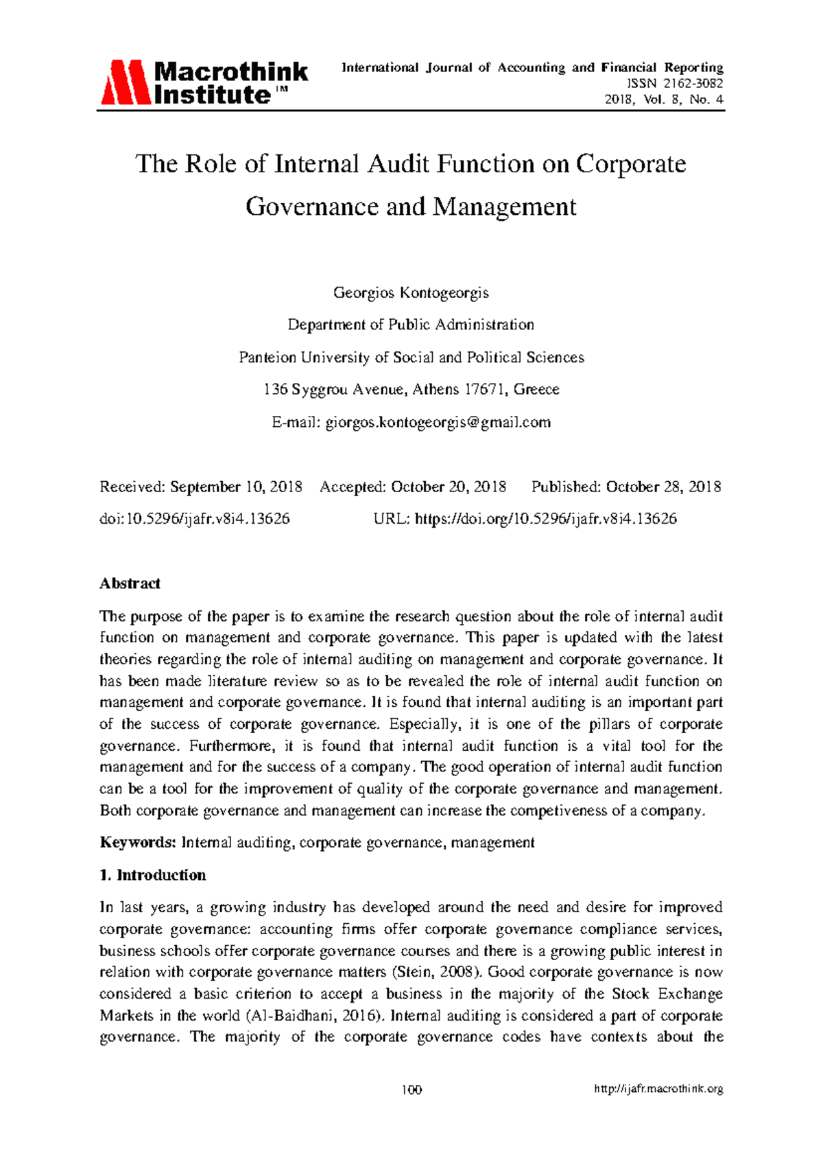 The Role of Internal Audit in Corporate Governance & Management (PA ...