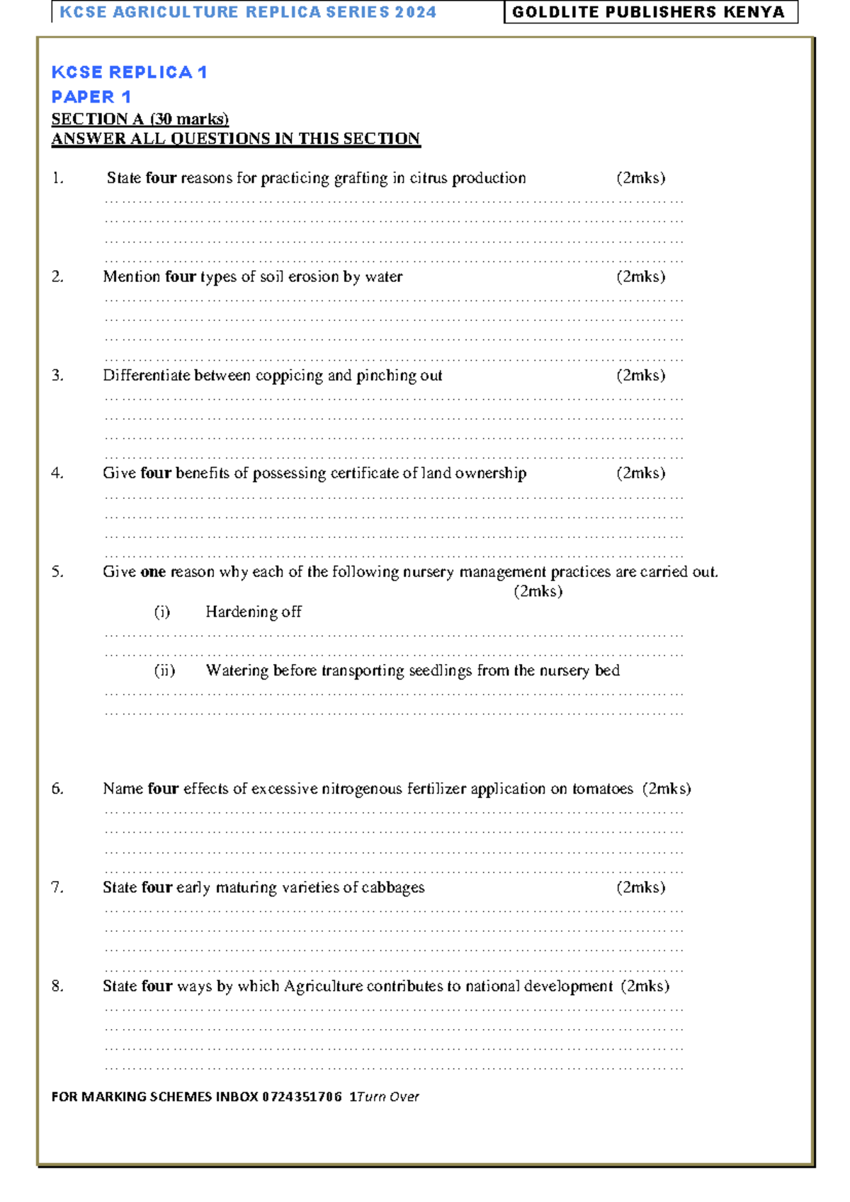 KCSE AGRI 2024 Replica Exam Paper 1 & 2 Questions and Answers - Studocu