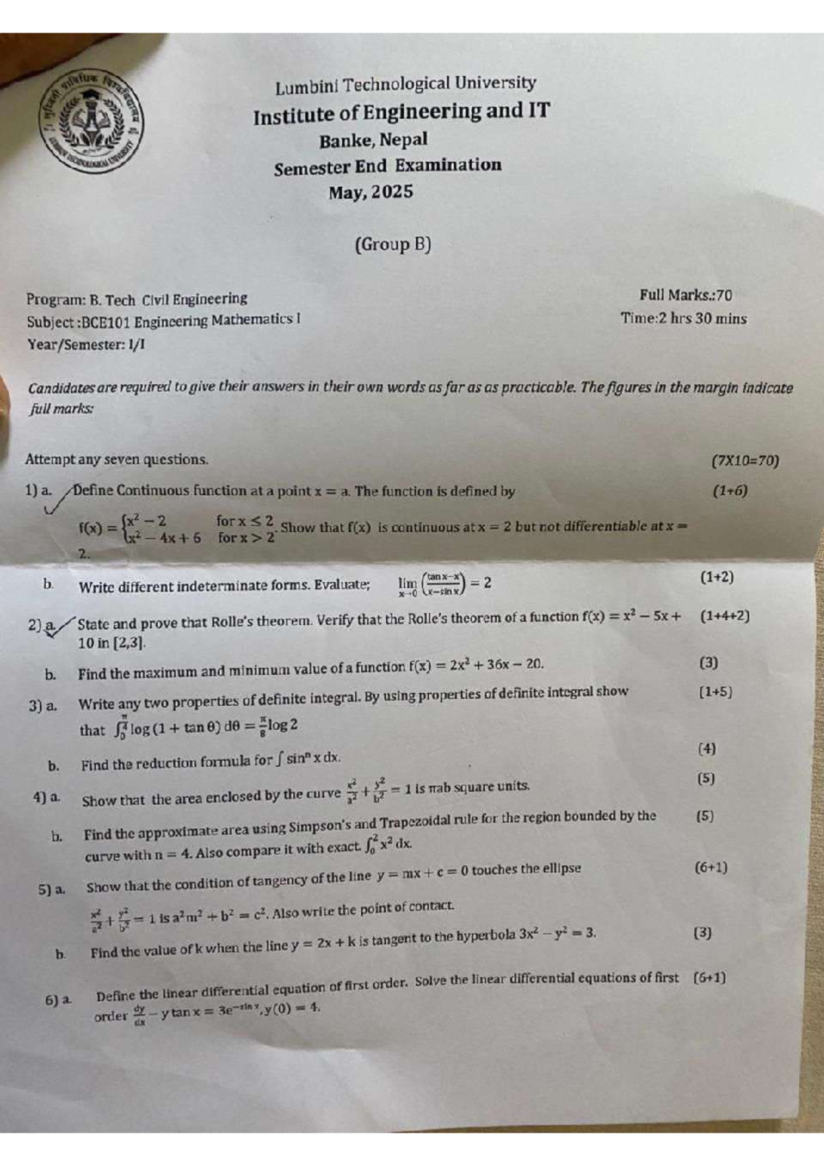 BCE101 Engineering Mathematics I - Semester End Exam May 2025 - Studocu