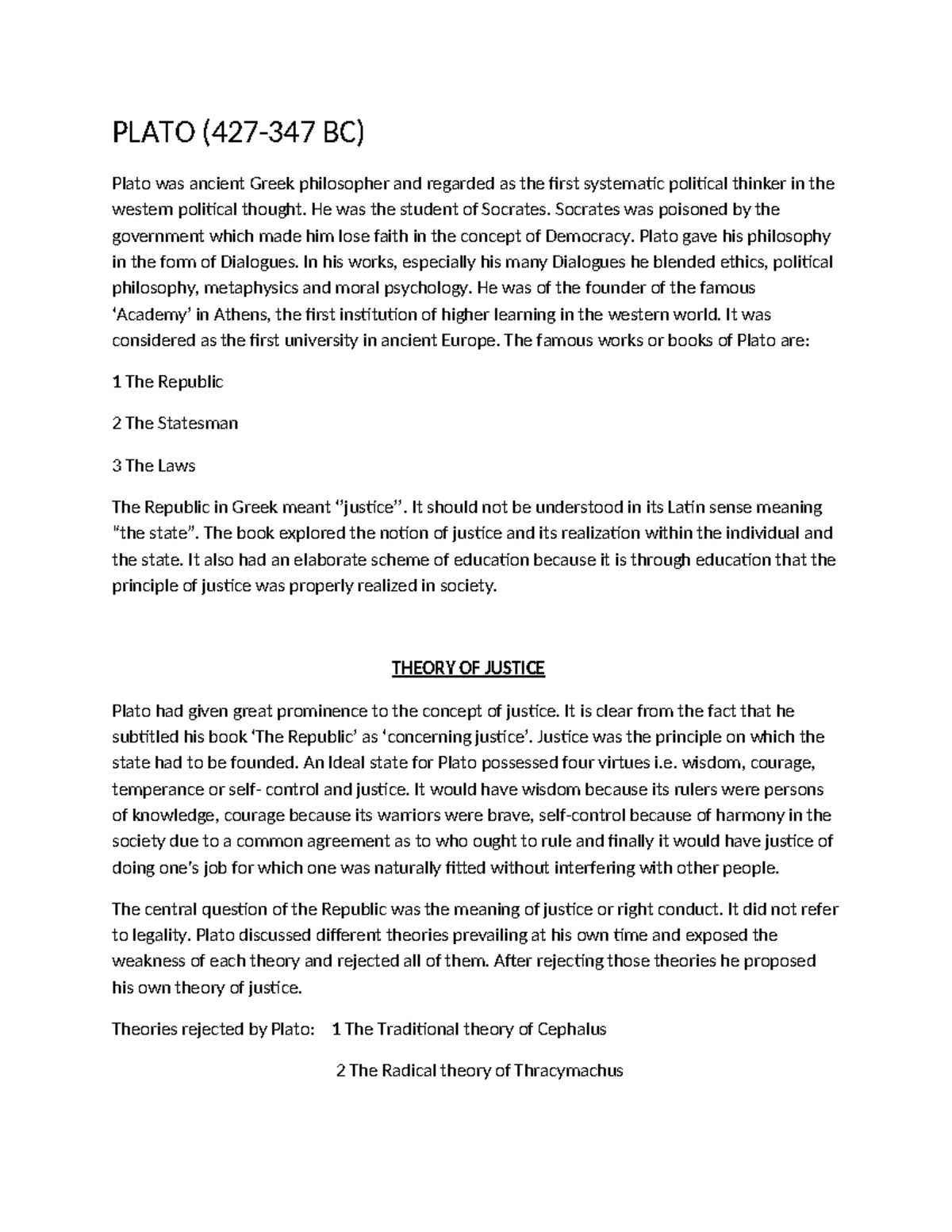 BA LLB SEM 1: Political Thought - Plato's Theory of Justice and Ideal ...