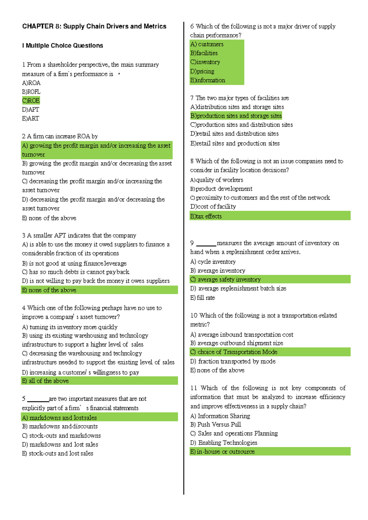 Chapter 8 - questions and answers - CHAPTER 8: Supply Chain Drivers and ...