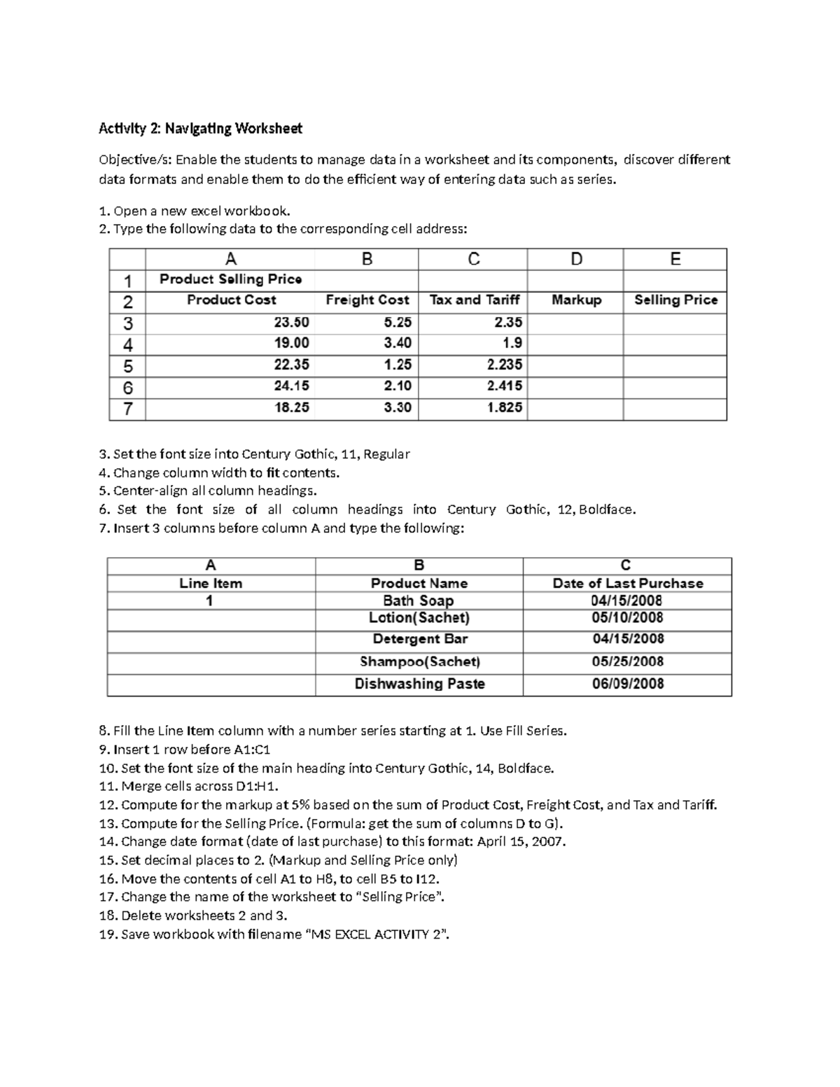 Excel Activity 2 Navigating Worksheet For Data Management And Entry