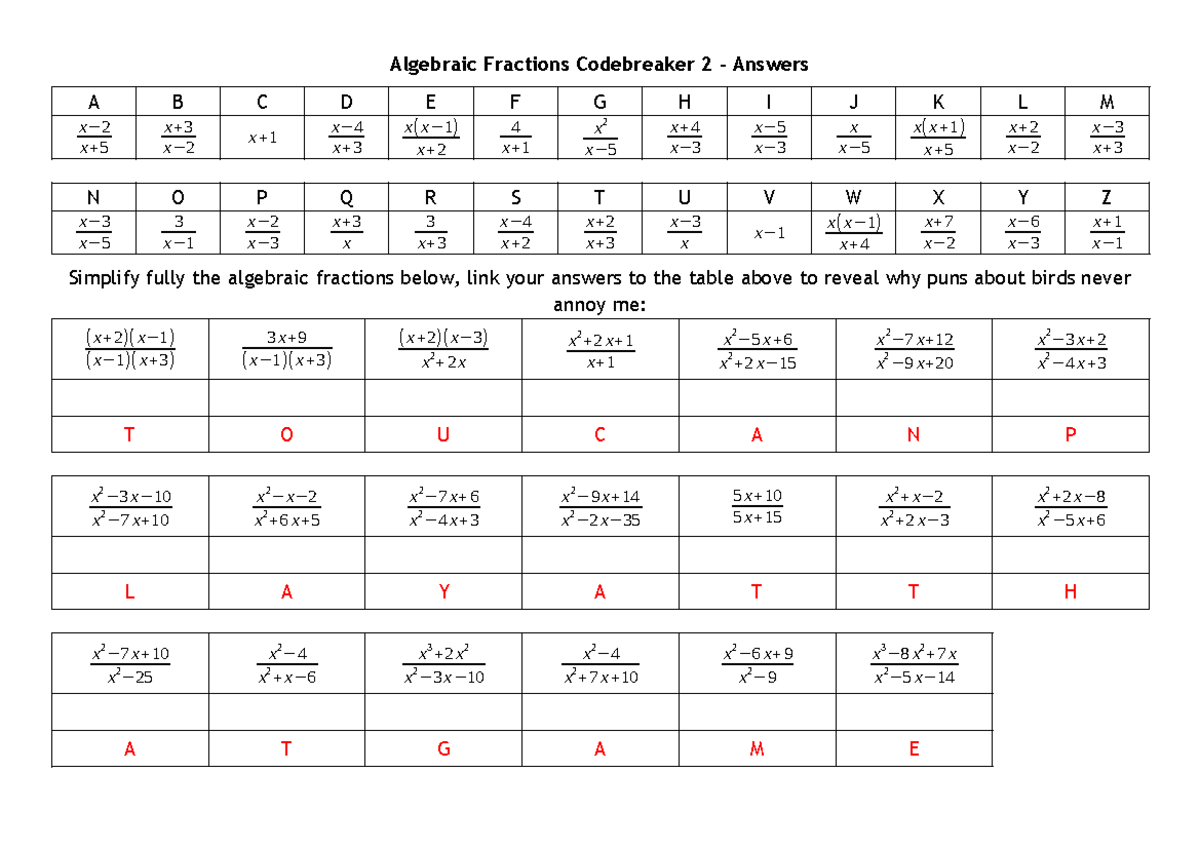 Algebraic Fractions Codebreaker 2: Answer Key and Solutions - Studocu