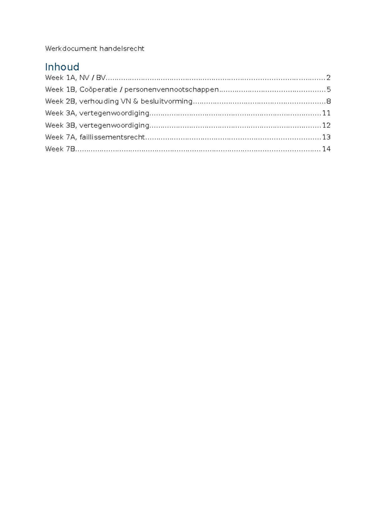 Werkdocument Handelsrecht Week 1-7: NV, BV, Coöperaties en ...