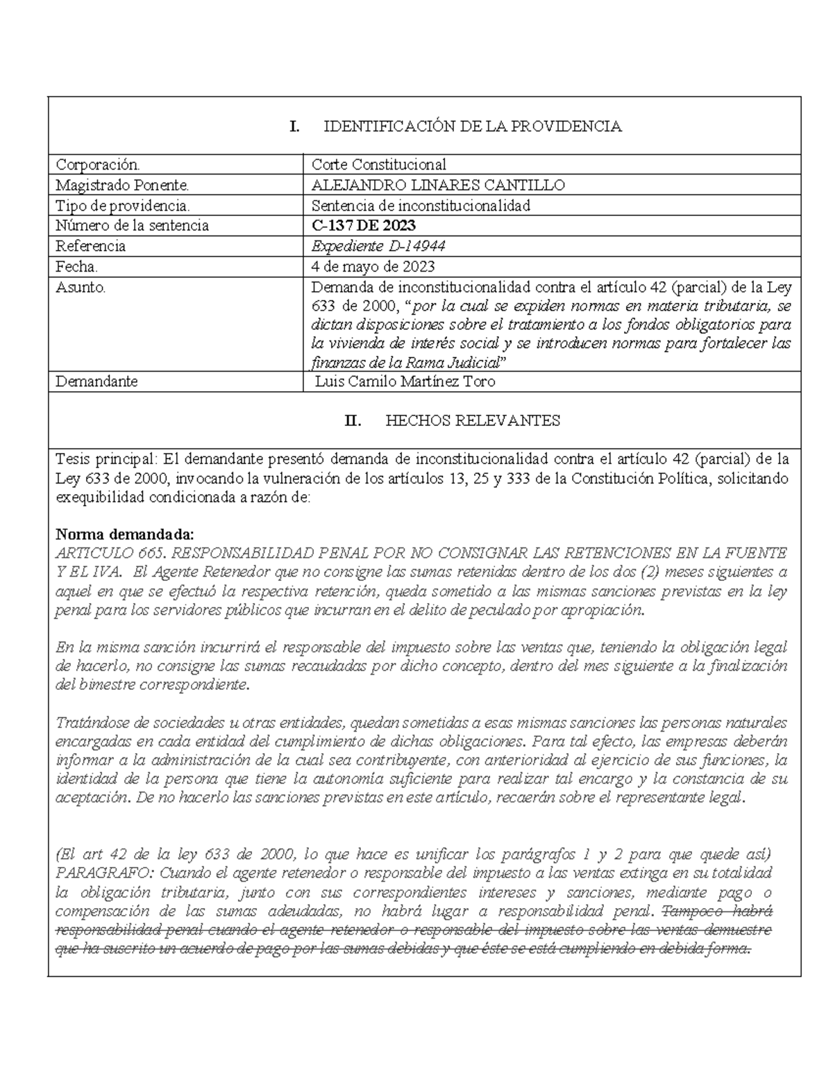Análisis de Sentencia C-137-2023 sobre Inconstitucionalidad en Ley 633/