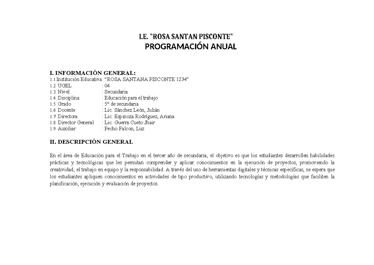 Programación Anual I.E. Santana - Educación para el Trabajo 2023 - Document Preview