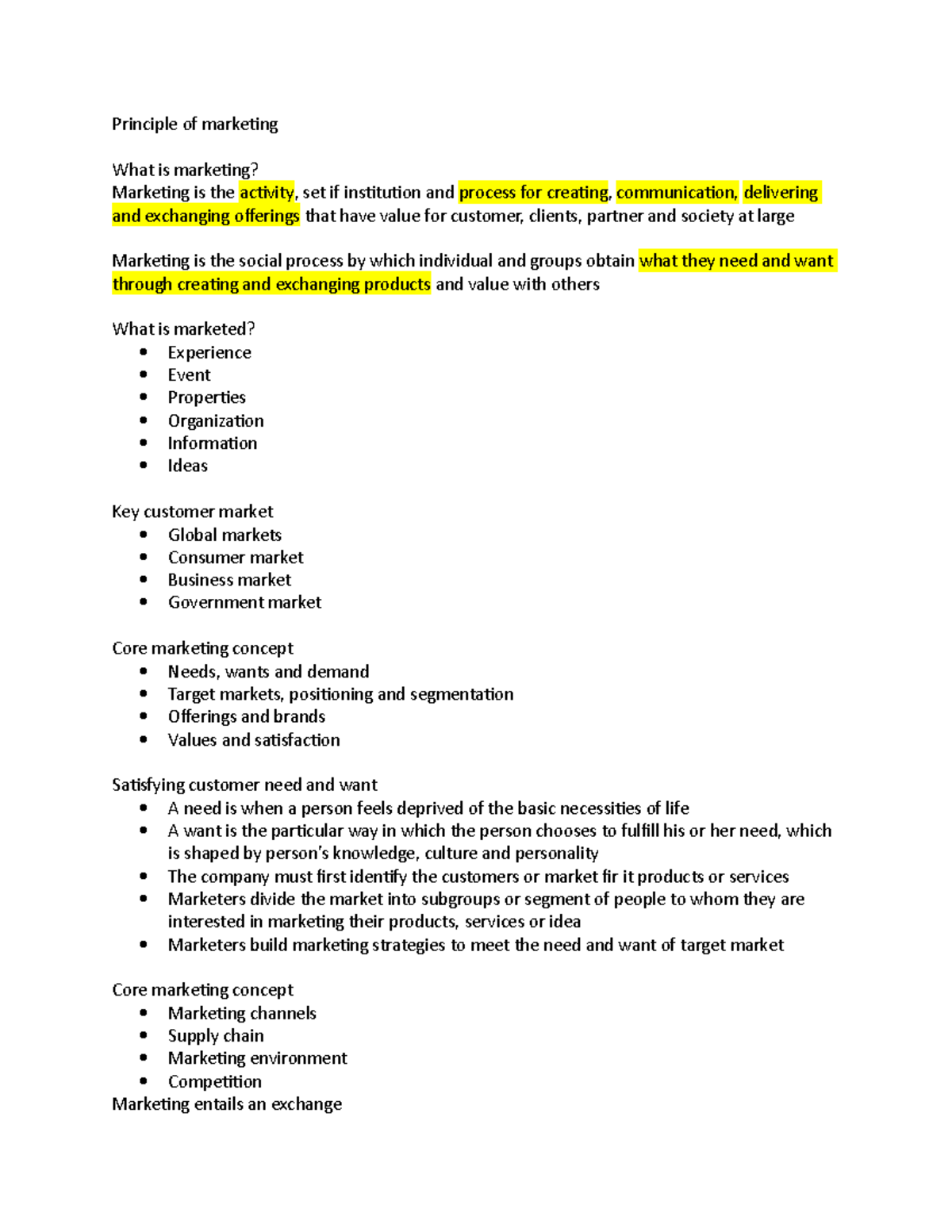 Week 1 MKT - Lecture notes 1 - Principle of marketing What is marketing ...