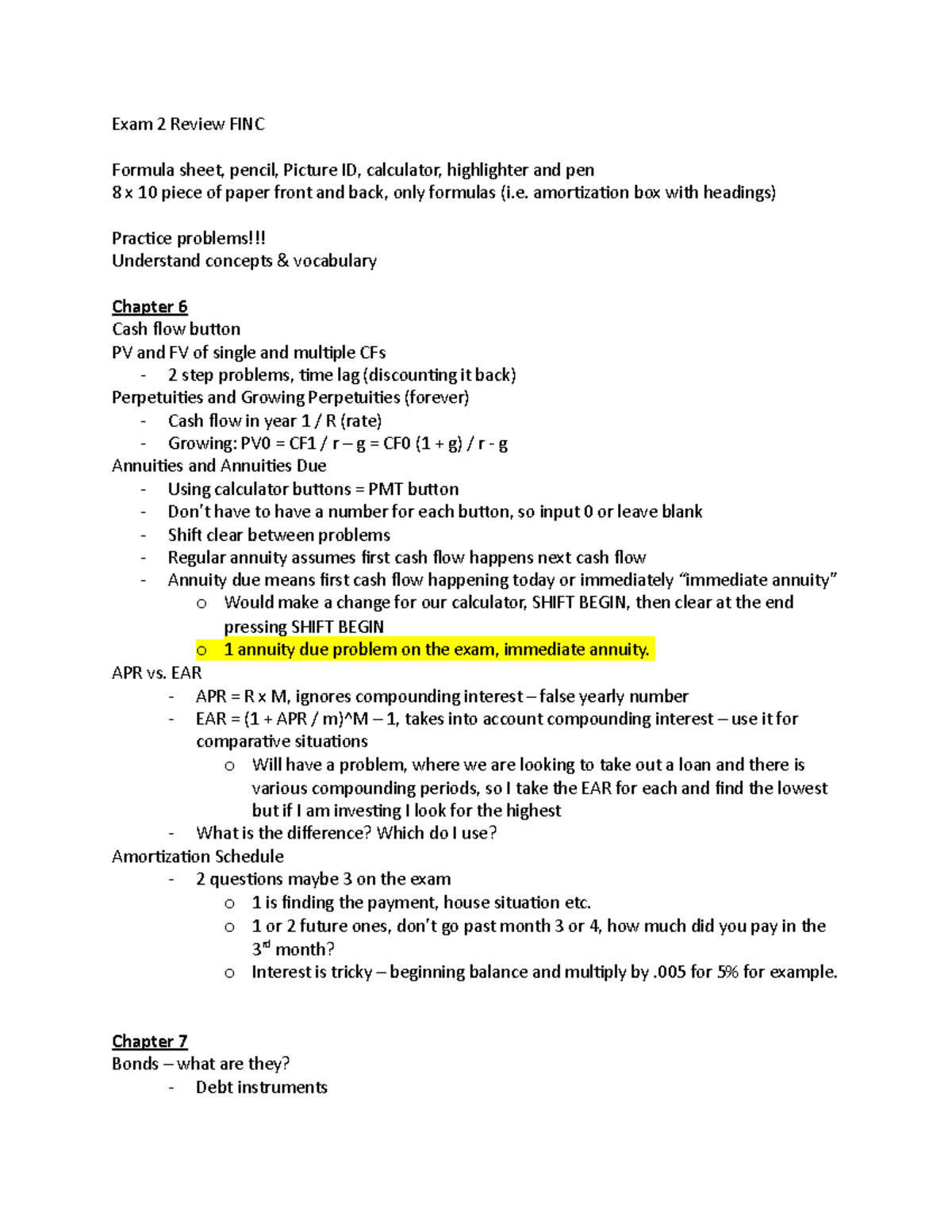 Exam 2 Review FINC: Key Concepts, Formulas & Practice Problems - Studocu