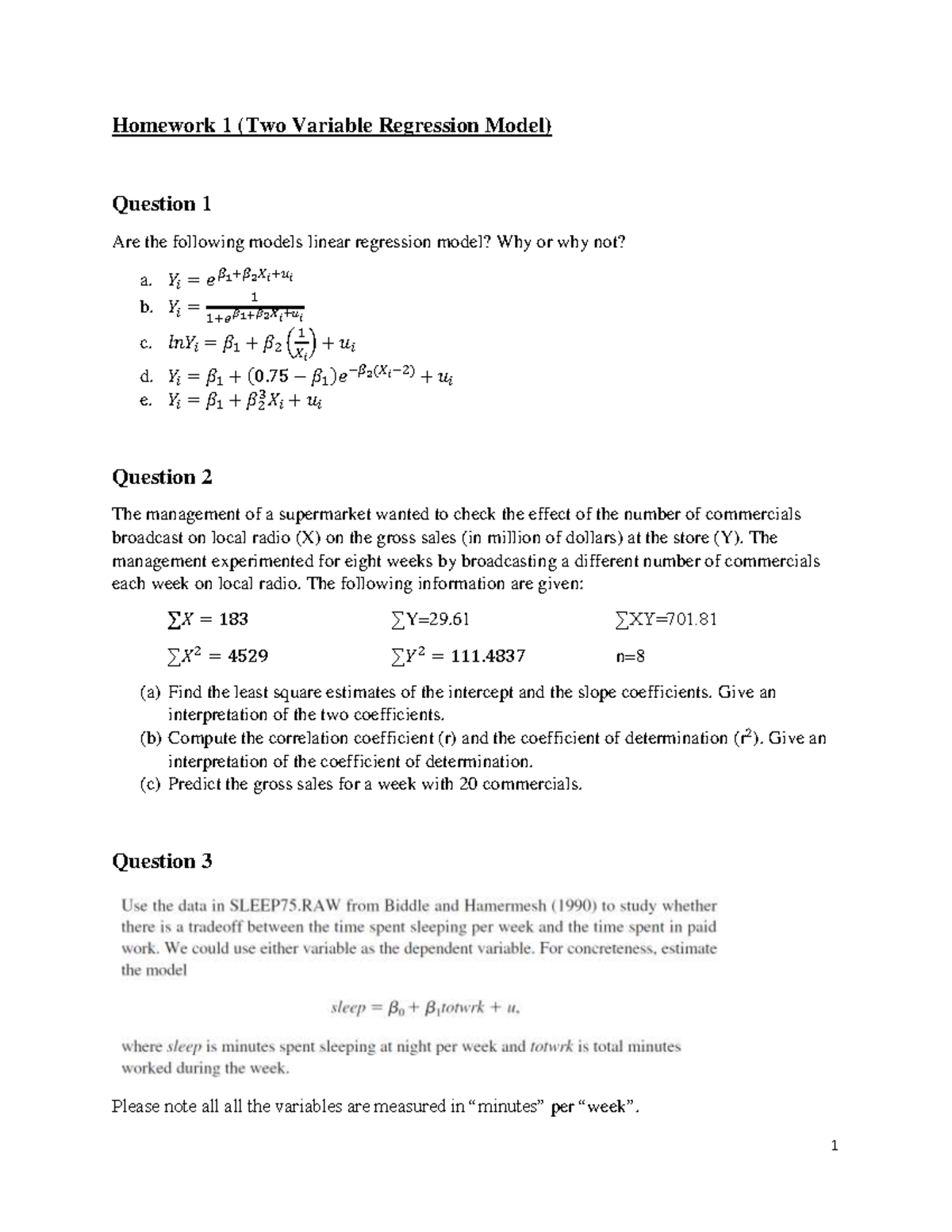 HW1: Two Variable Regression Model Exercises - Mahidol University - Studocu