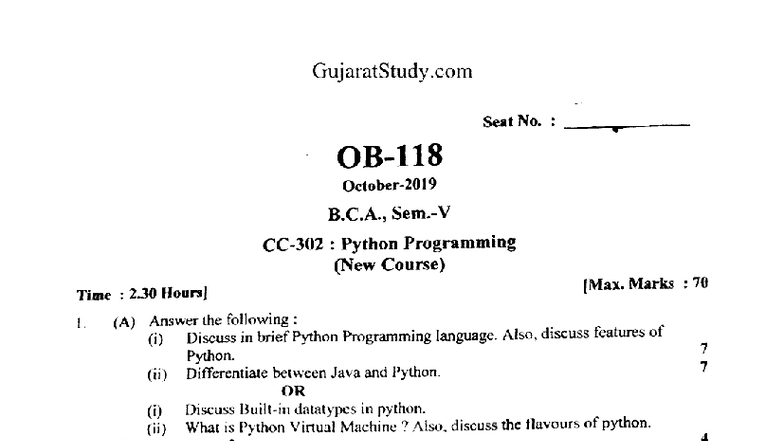 BCA 5th Sem Python Programming Exam Oct 2019 - Question Paper - Studocu