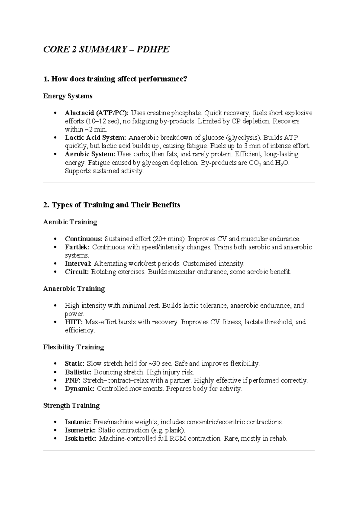 CORE 2 PDHPE Summary: Training Effects & Performance Insights - Studocu