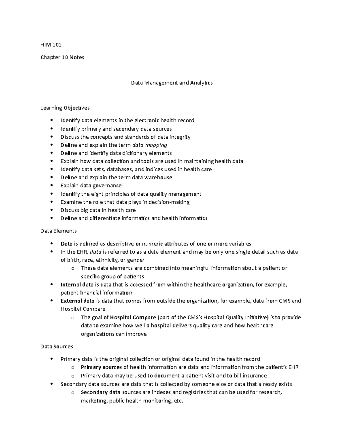 HIM 101 - Chapter 10: Data Management & Analytics Insights - Studocu
