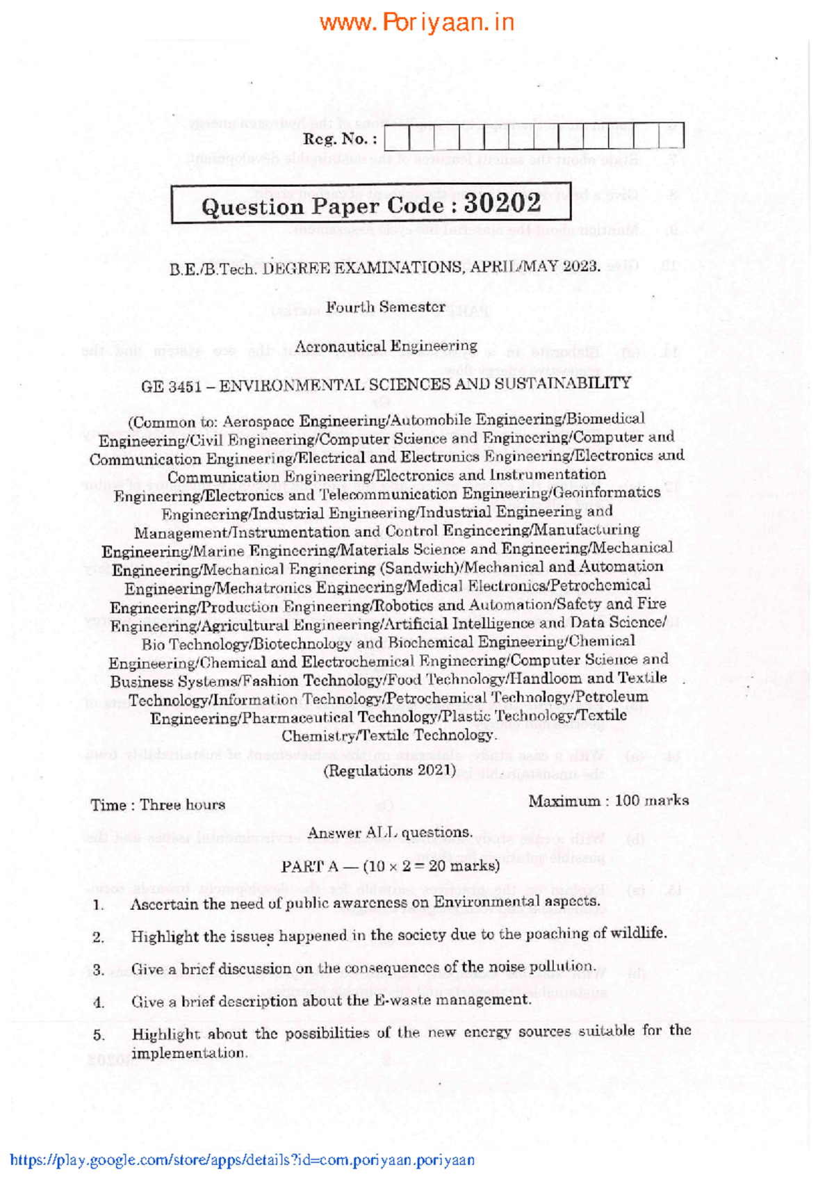 GE 3451 Environmental Sciences & Sustainability Exam QP 30202 - Studocu