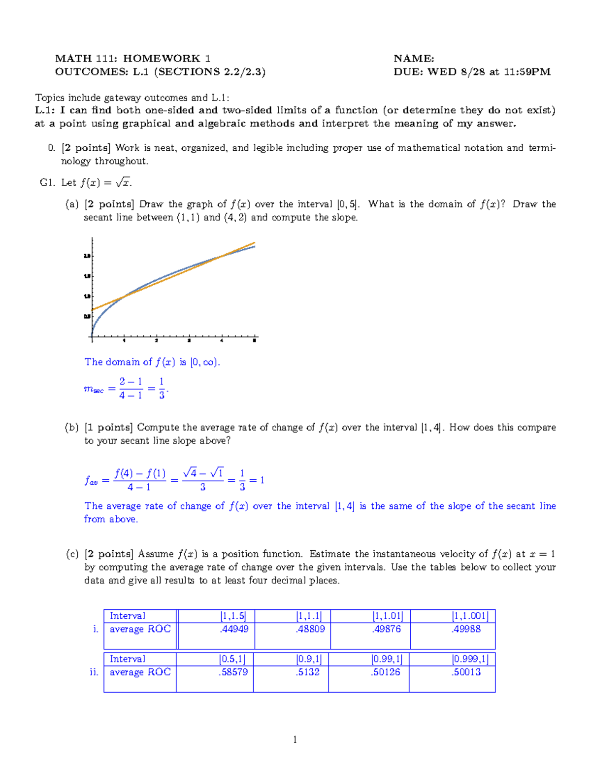MATH 101: Homework 1 Solutions - Limits and Rates of Change - Studocu
