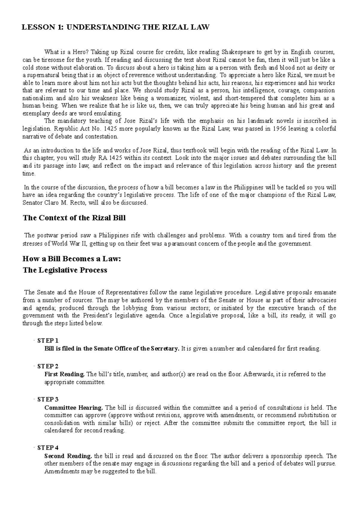 Lesson 1-3: Exploring the Rizal Law and its Historical Context - Studocu
