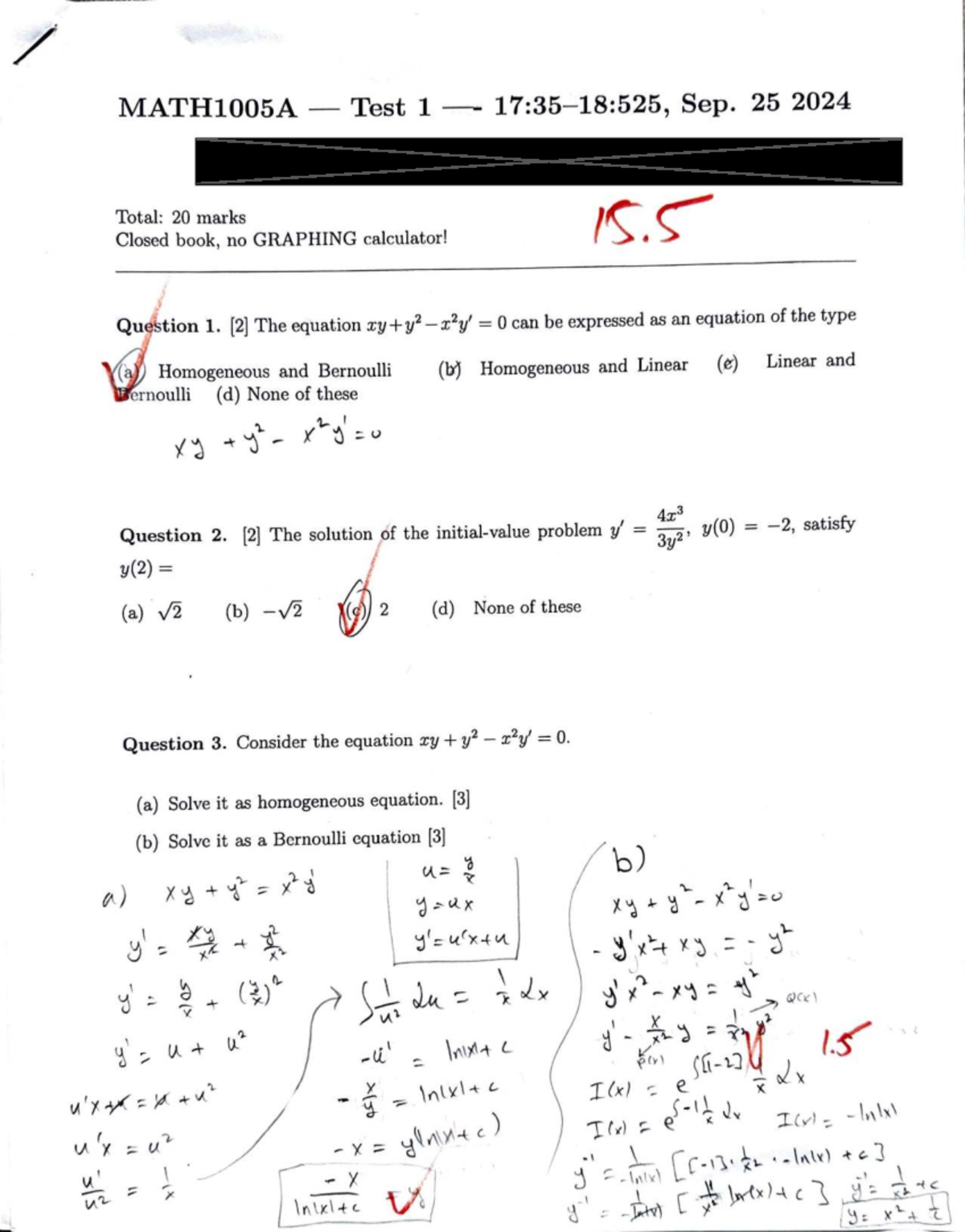 Test 1 Solutions for MA TH1 005 A - Sep 25, 2024 - Studocu