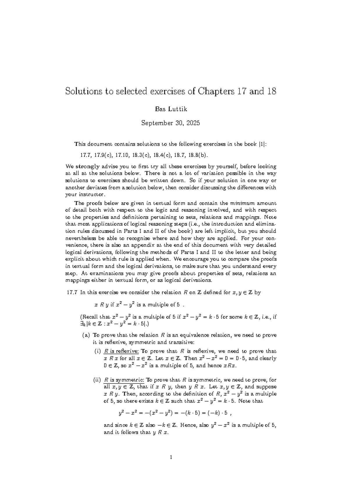 Solutions to Exercises 17.7 and 18.3(c) - Math 101 - Studeersnel