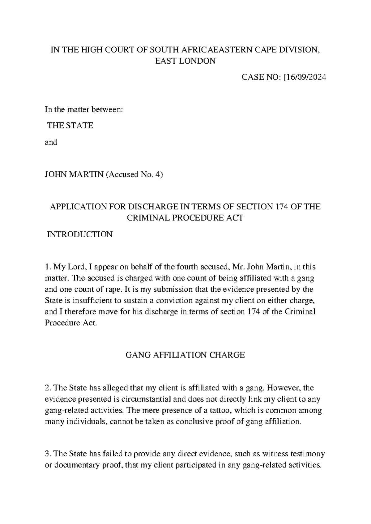 Application for Discharge in Terms of Section 174 - Case No: 16/09 ...