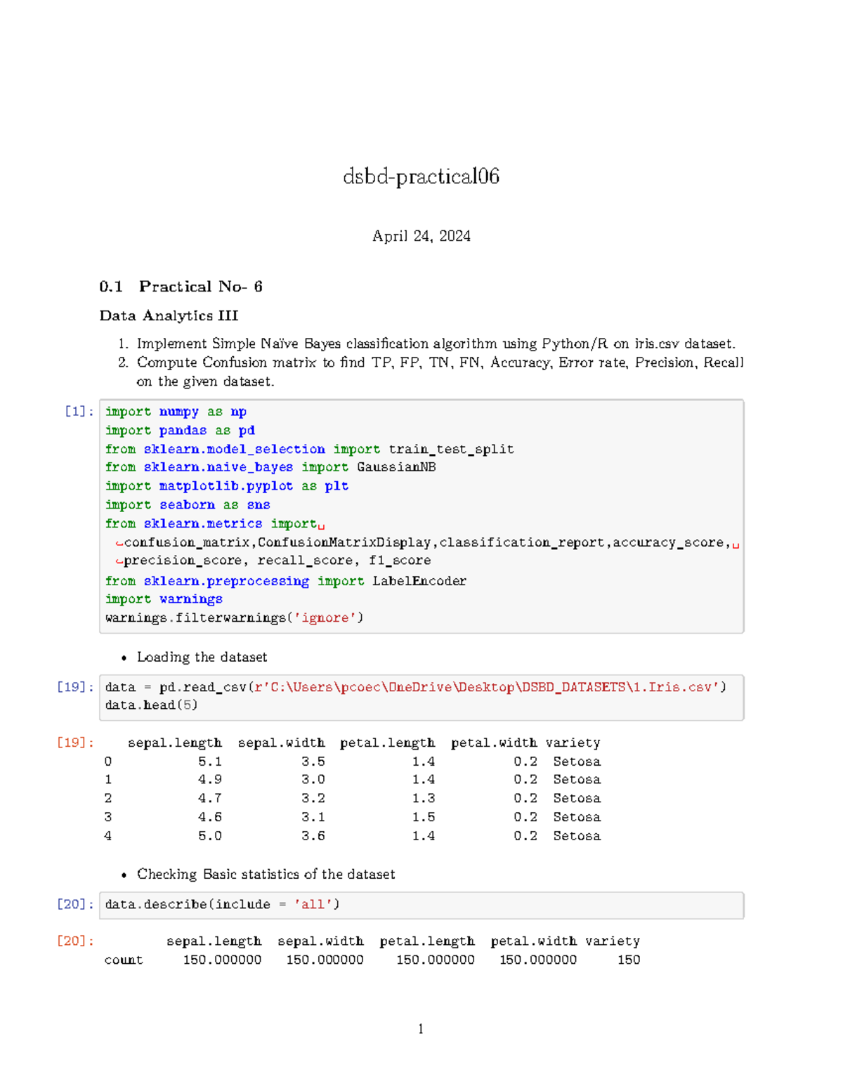 Dsbd - Practical 06: Naïve Bayes Classification on Iris Dataset - Studocu
