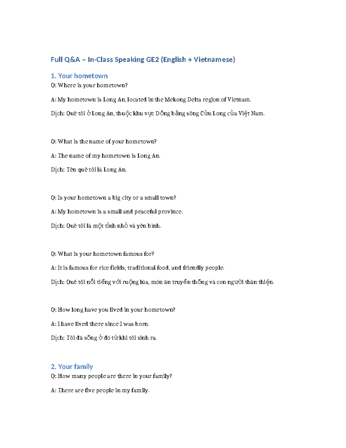 Full Q&A – In-Class Speaking GE2 (English & Vietnamese) - Studocu