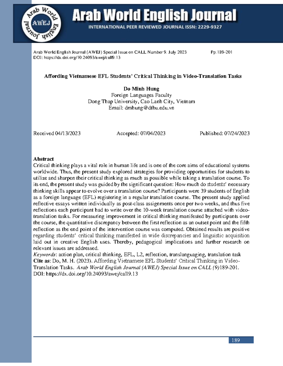 Affording Vietnamese EFL Critical Thinking in Translation Tasks (AWEJ ...