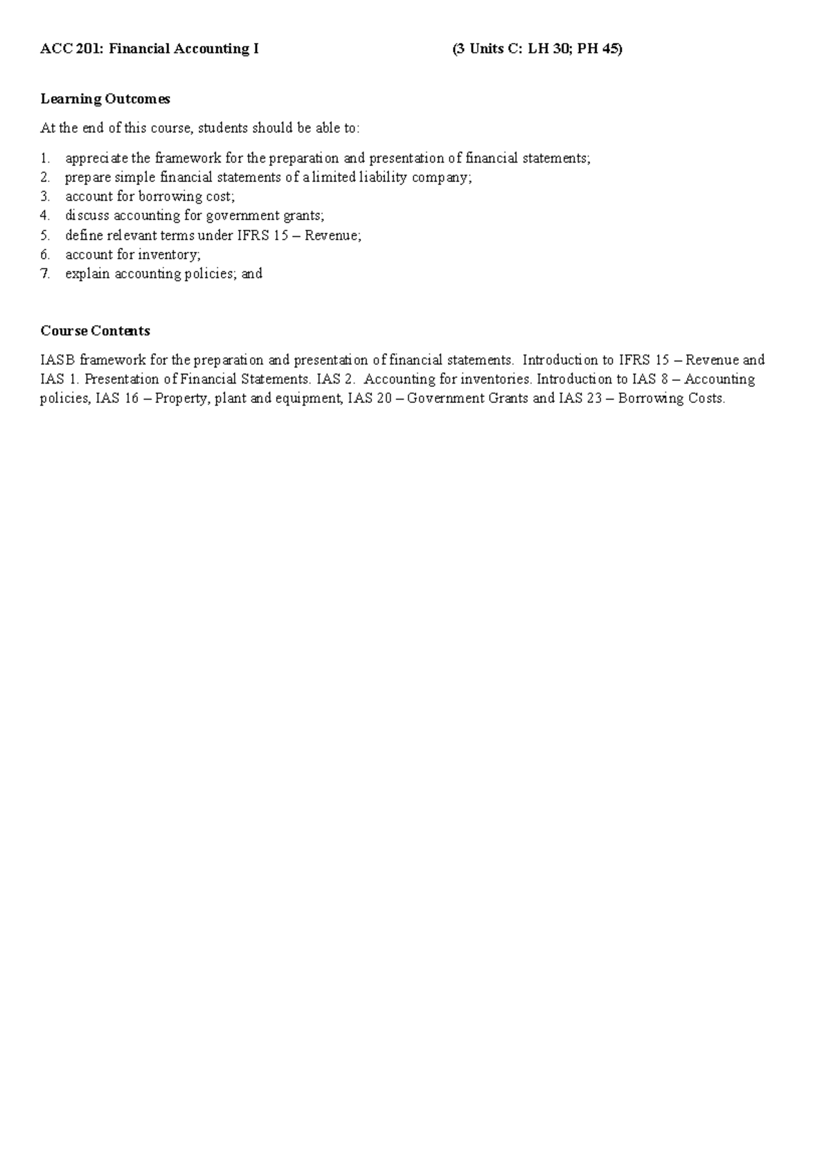 ACC 201: Financial Accounting I Course Outline and Learning Outcomes ...
