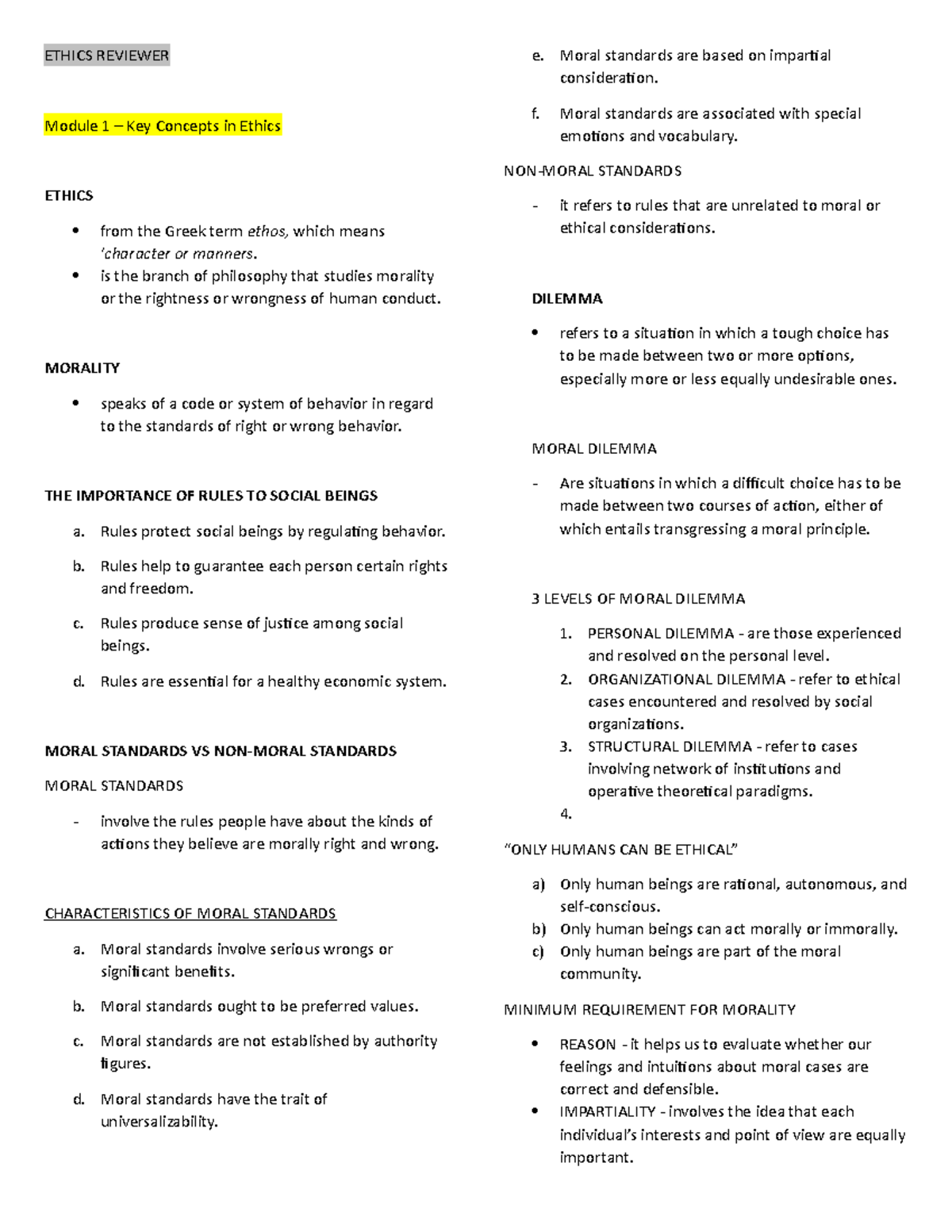 Ethics- Reviewer - Assignment - ETHICS REVIEWER Module 1 – Key Concepts ...