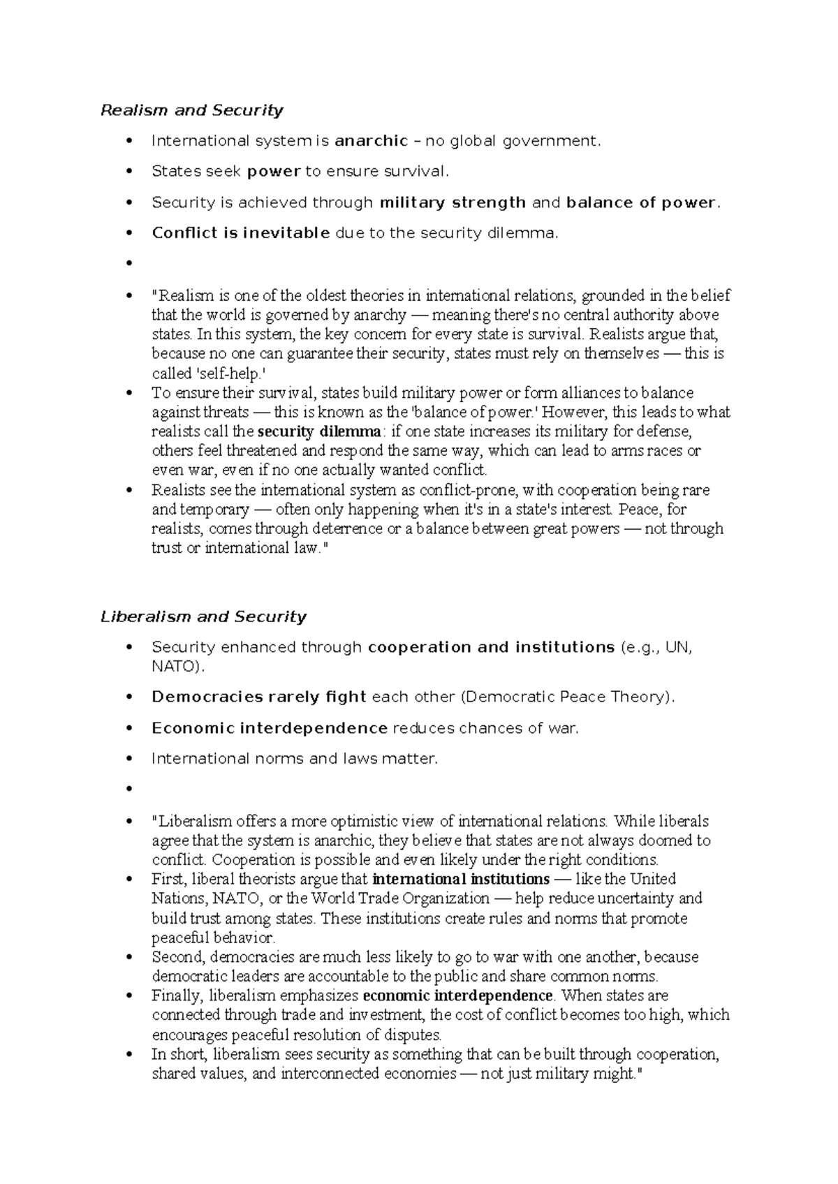 Realism and Security: An Overview of International Relations I - Studocu