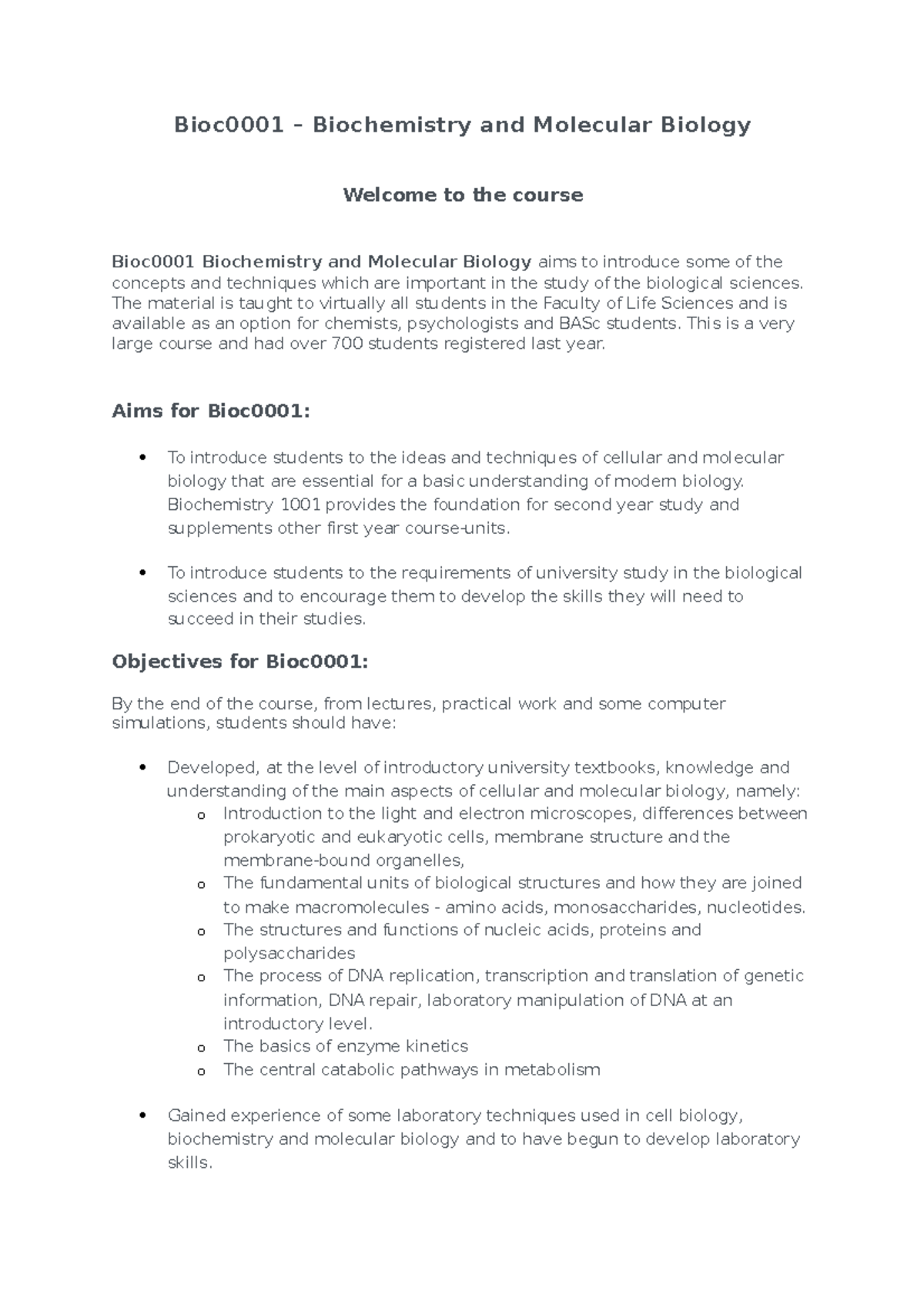 Bioc0001 course book 23 - Bioc0001 – Biochemistry and Molecular Biology ...