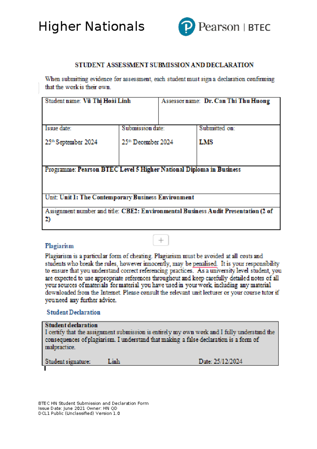 CBE A2 VŨ THỊ HOÀI LINH C03-176. Final - BTEC HN Student Submission and ...