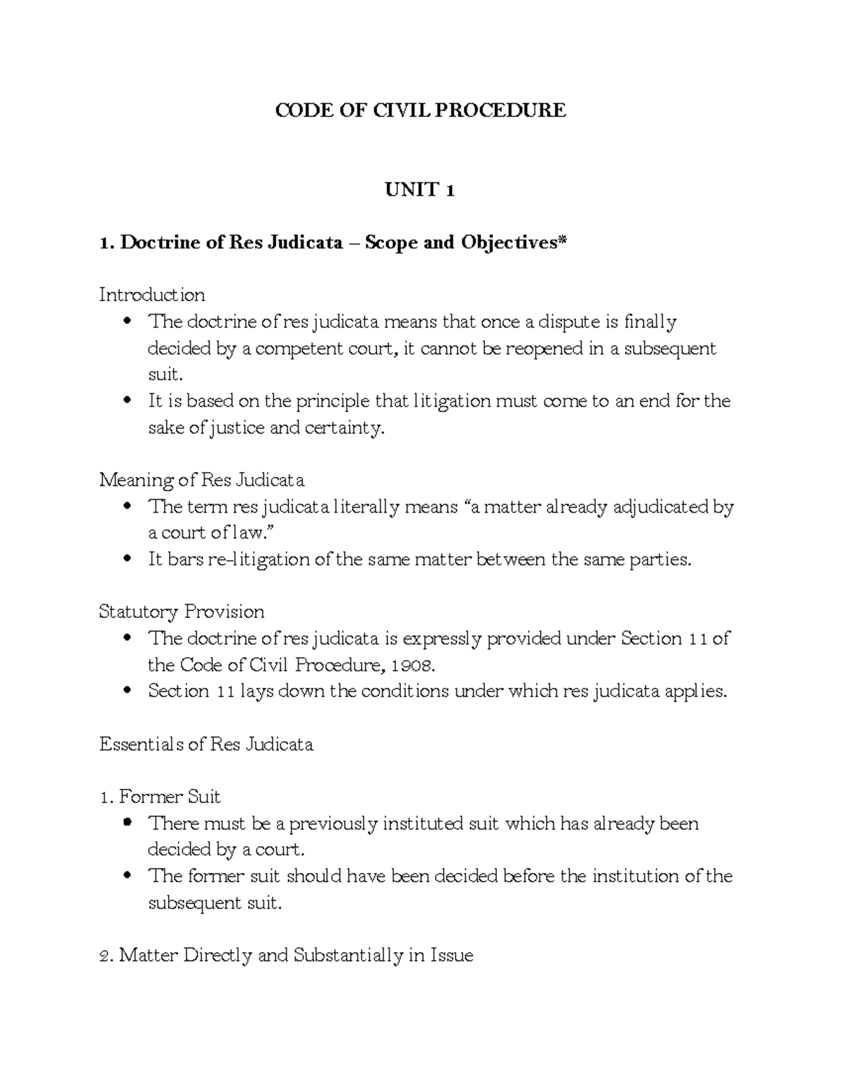 CPC Notes: Unit 1 - Res Judicata, Transfer of Suit & Jurisdiction - Studocu