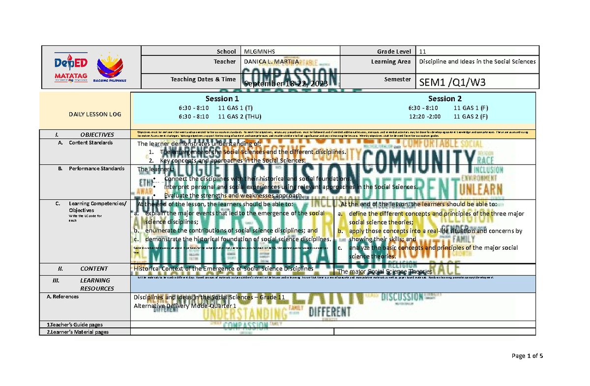 DISS DLL Week 3 - Grade 11 Social Sciences Lesson Plan - Studocu