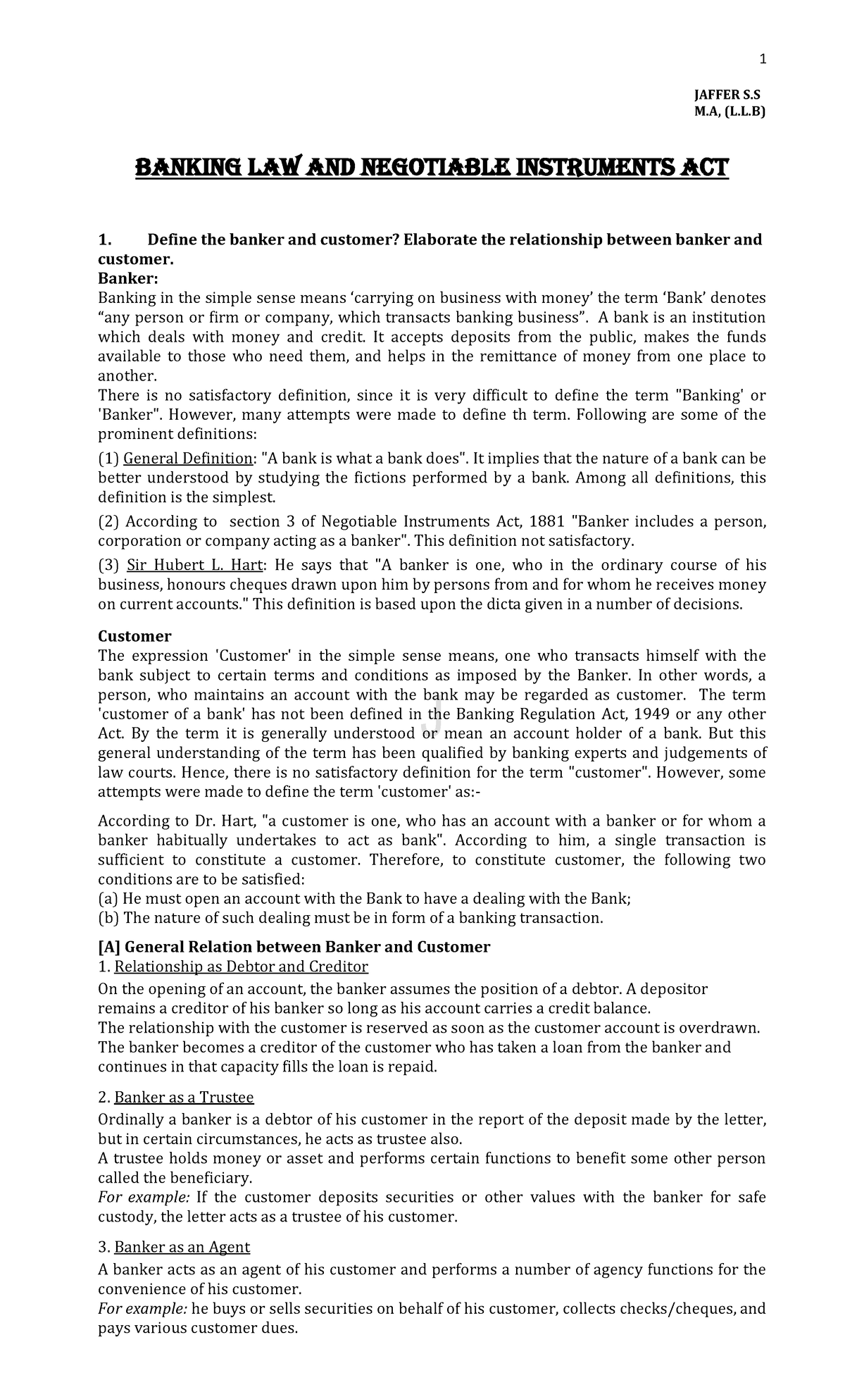 Banking Law & Negotiable Instruments Act: Key Concepts & Analysis - Studocu