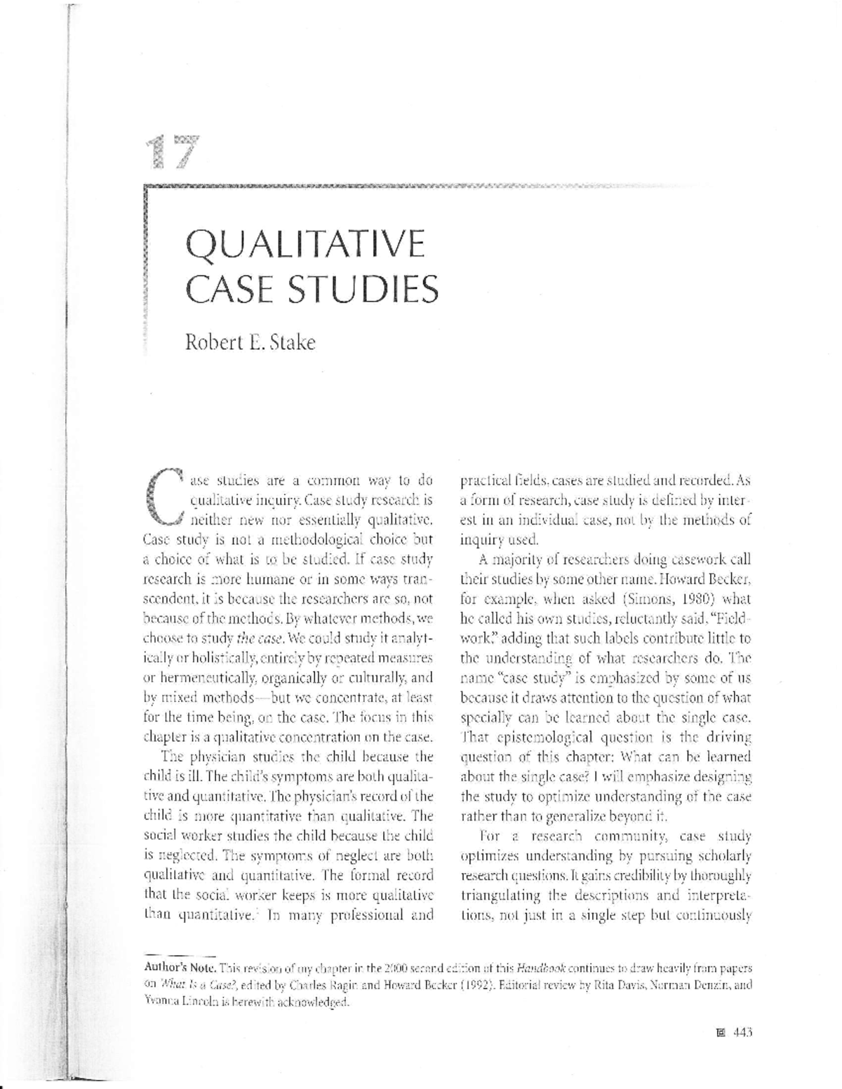 E 441: Qualitative Case Studies by Robert E. Stake (2005) - Studocu