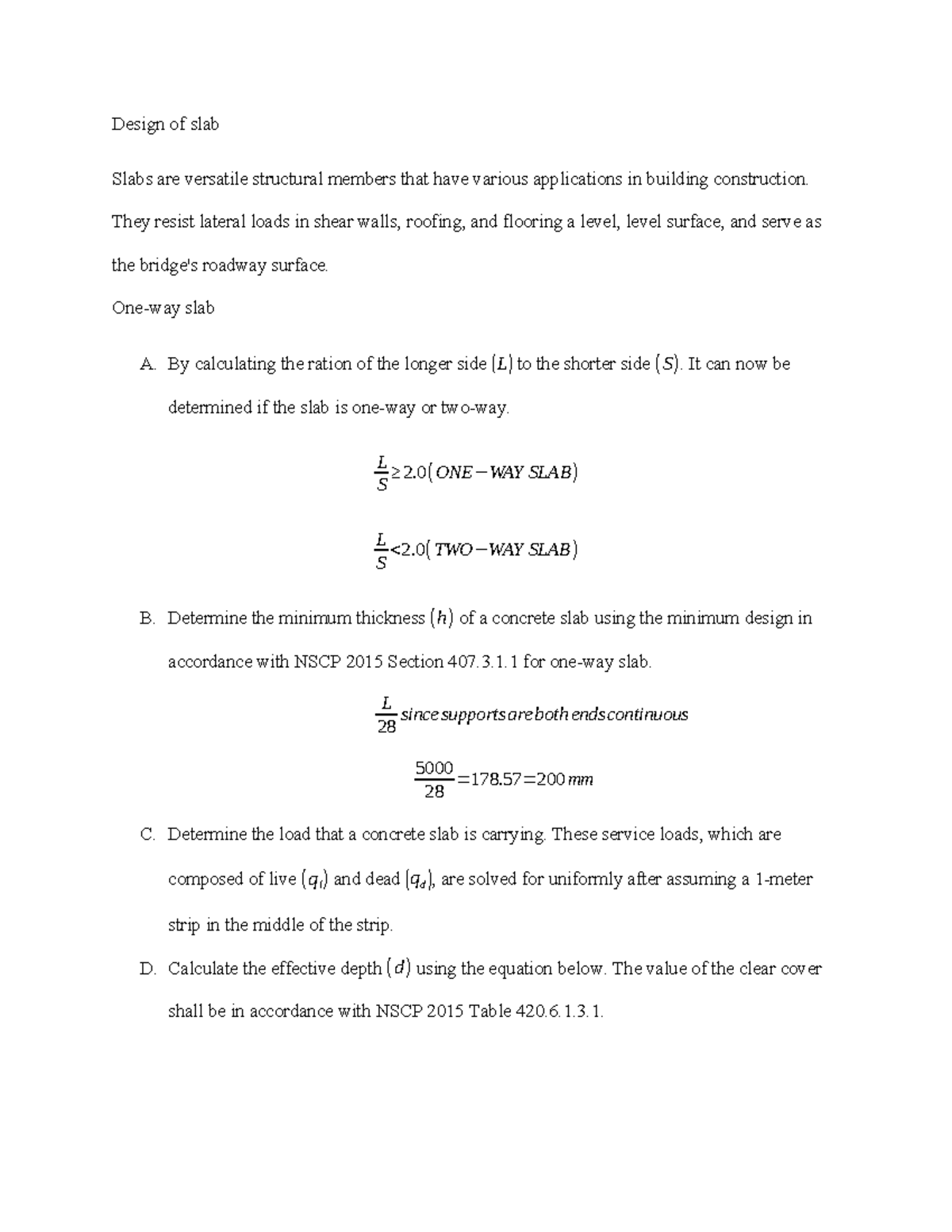 Design of Slab: Structural Analysis and Calculations (CE 101) - Studocu