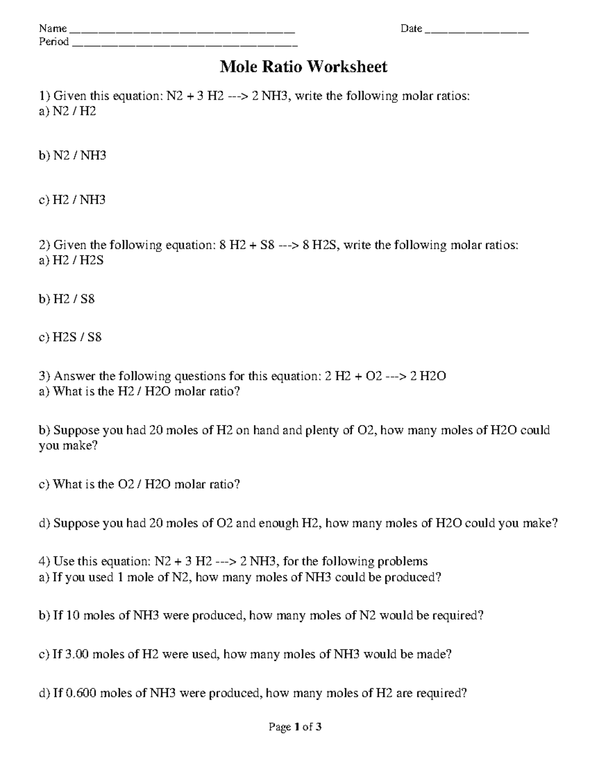 Chemistry 3.8 Mole Ratio Worksheet and Review Notes - Studocu