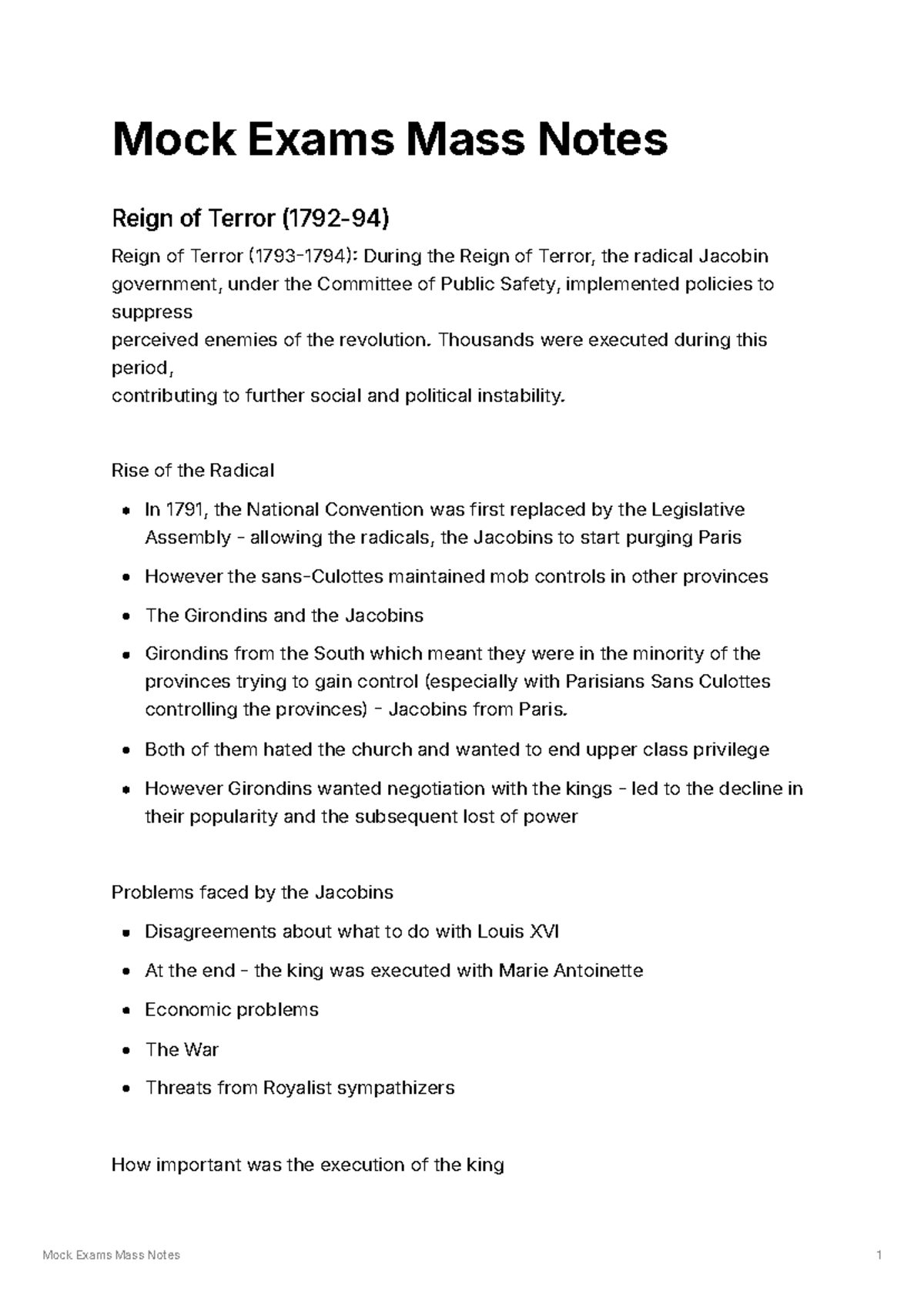 Mock Exams Mass Notes: The Reign of Terror and Its Impact - Studocu
