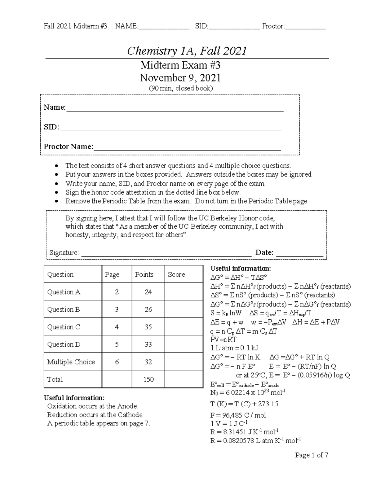 Chemistry 1A Midterm Exam #3 - Fall 2021 (Nov 9, 90 min) - Studocu