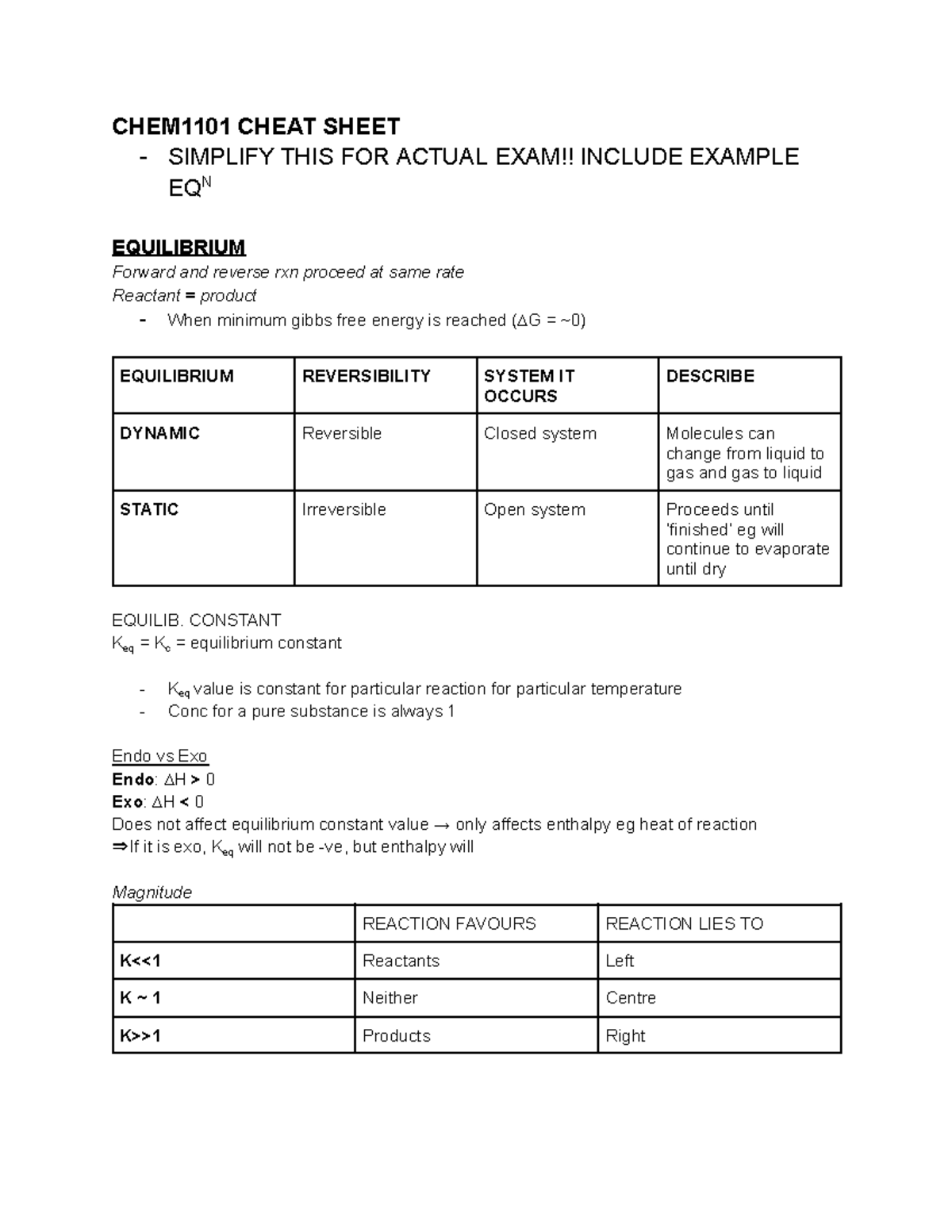 CHEM1101 Final Exam Cheat Sheet: Key Concepts and Equations - Studocu