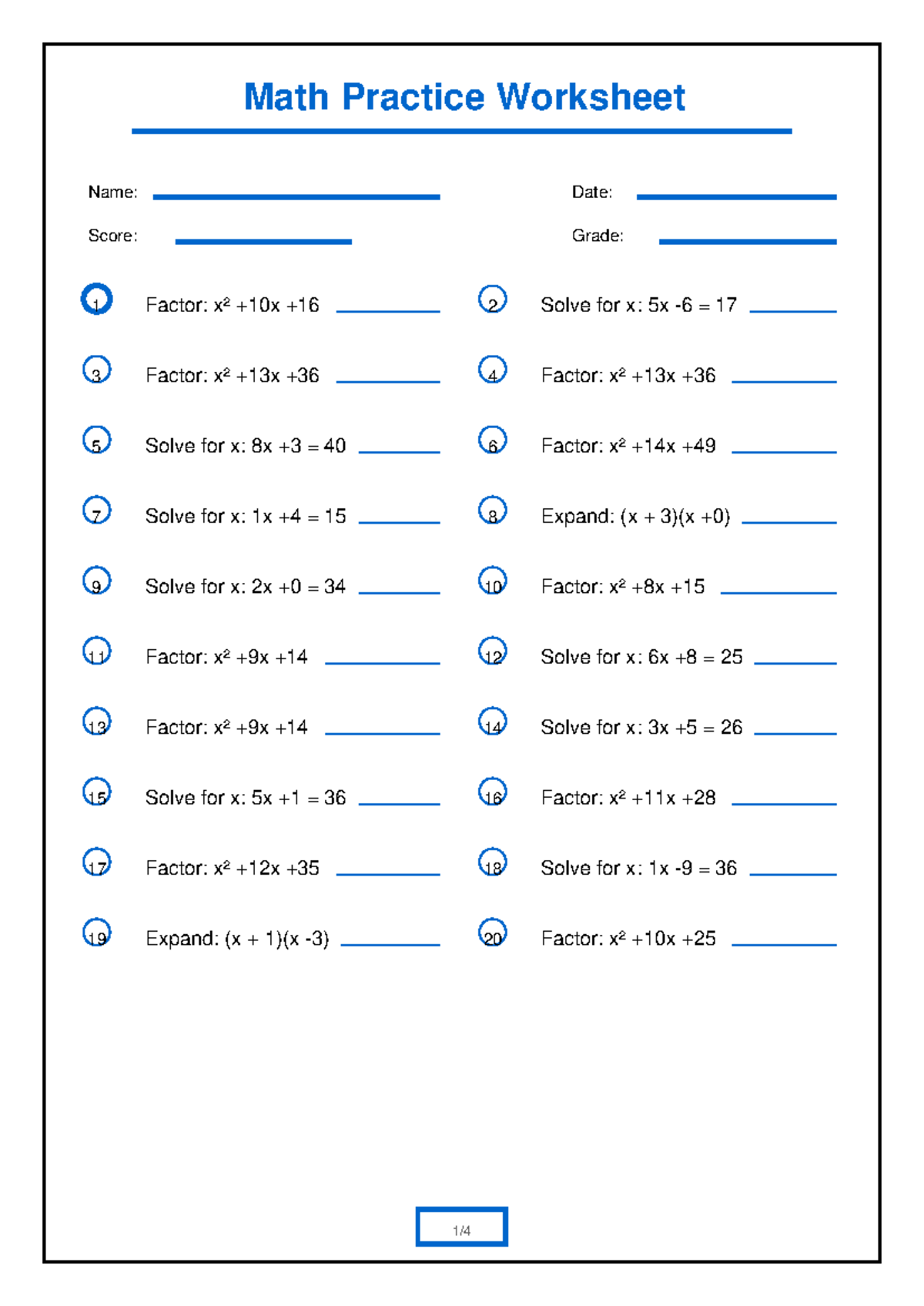 Math Practice Worksheet 10: Factoring & Solving for x - Studocu