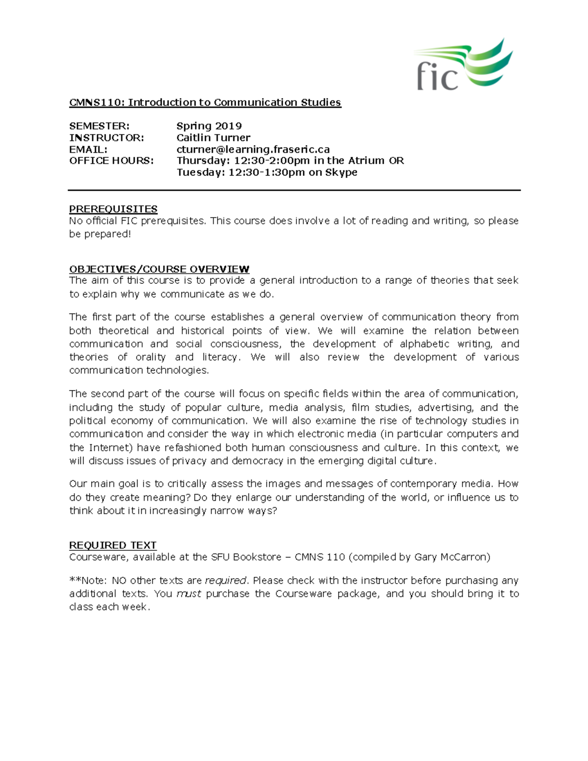CMNS110 Introduction to Communication Studies - Course Outline Spring ...