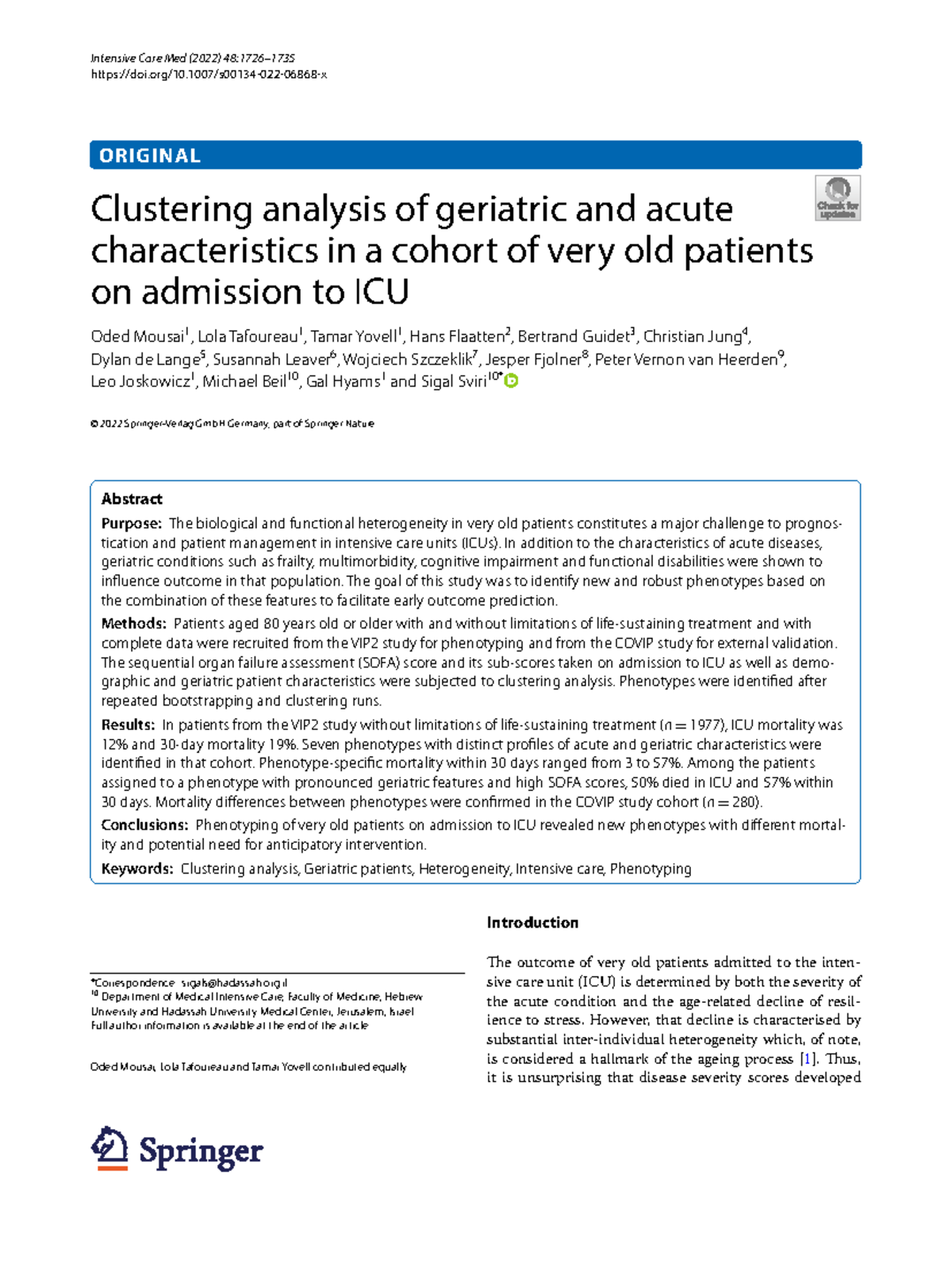 Clustering Analysis of Geriatric and Acute Characteristics in ICU ...
