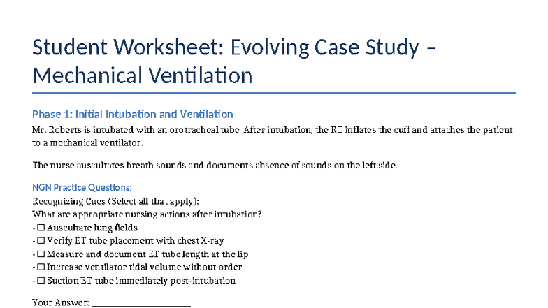 Student Worksheet: Mechanical Ventilation Case Study (Phase 1) - Studocu