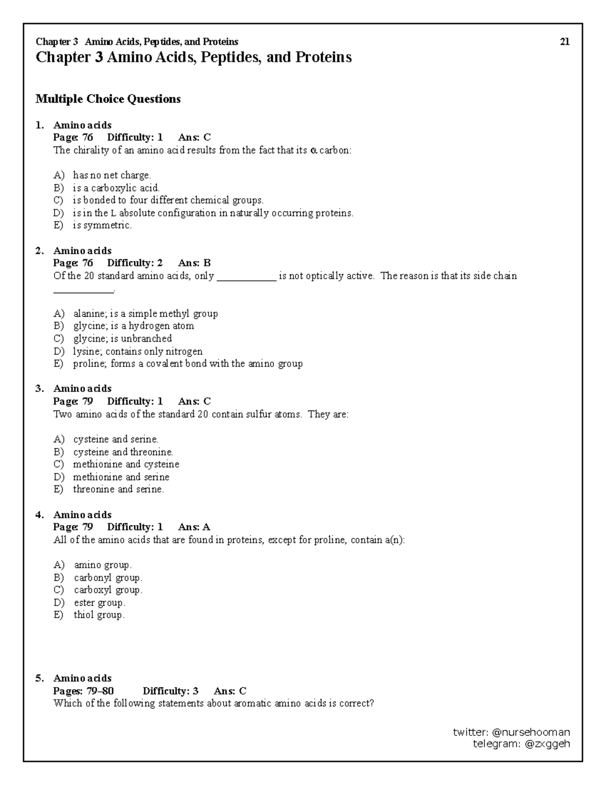 Chapter 3 Biochemistry Multiple Choice Questions: Amino Acids ...