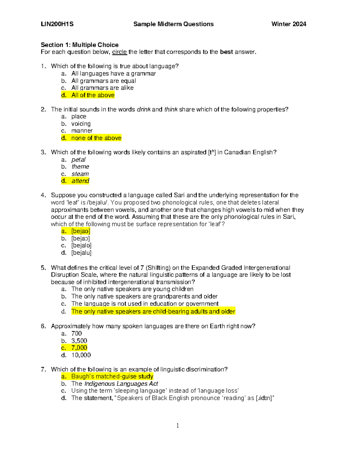 LIN200 Winter 2024 Midterm Questions Answer Key and Explanations - Studocu