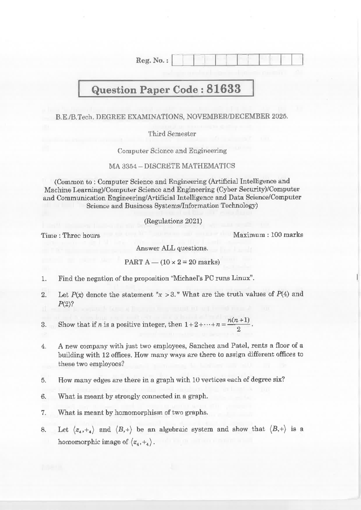 CSE MA 3354 Final Exam Question Paper - Discrete Mathematics 2025 - Studocu