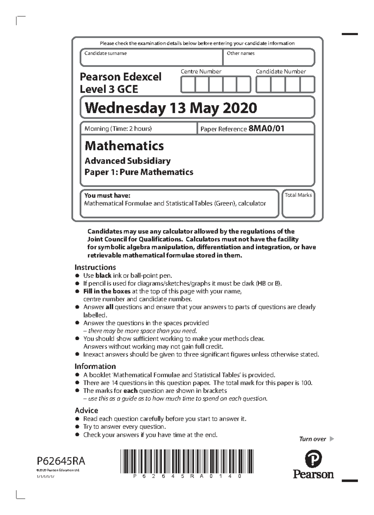Edexcel Level 3 GCE AS Maths Paper 1: Pure Mathematics Exam Details ...
