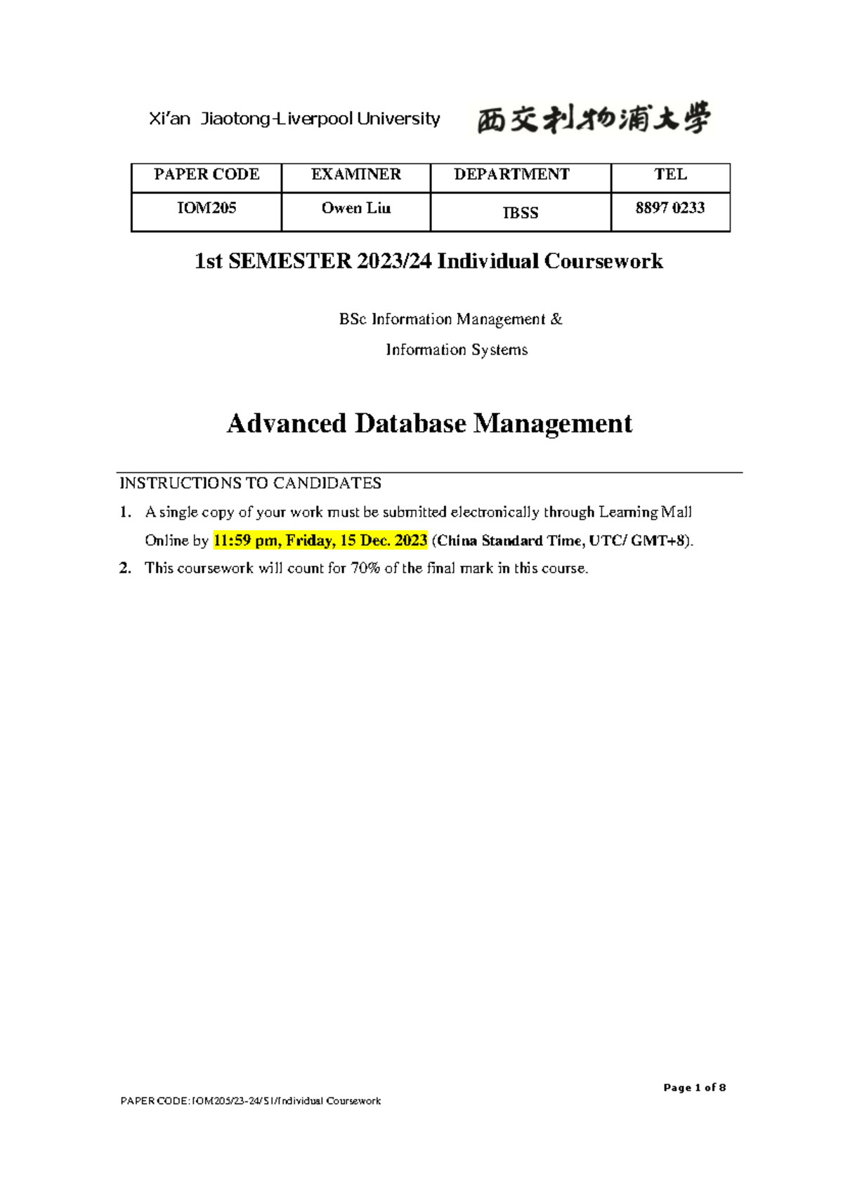IOM205 Individual Coursework Marking Scheme Guidelines for 2023/24 ...