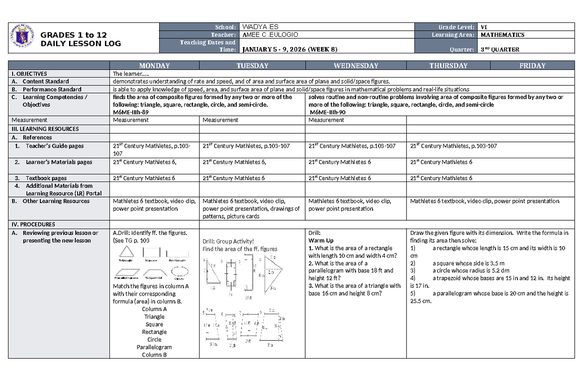 DLL Mathematics 6 Q3 W8 - Daily Lesson Log on Area Concepts - Studocu