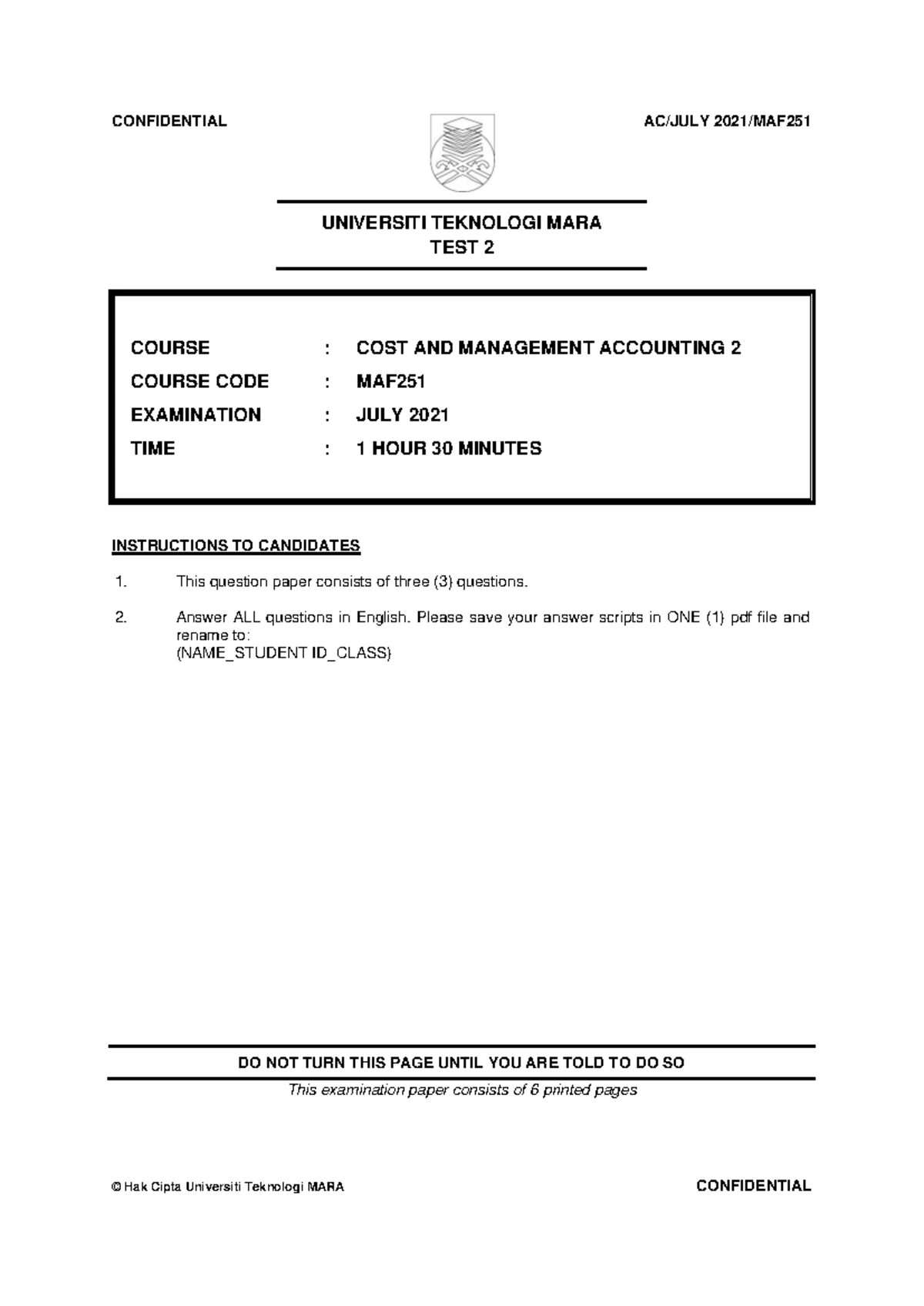 Final Exam MAF251: Cost & Management Accounting Questions - Oct 2016 ...